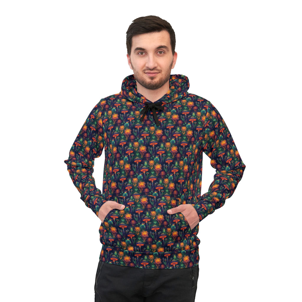 Mushroom Pattern Athletic Hoodie — Colorful All-Over Print Outdoor Pullover