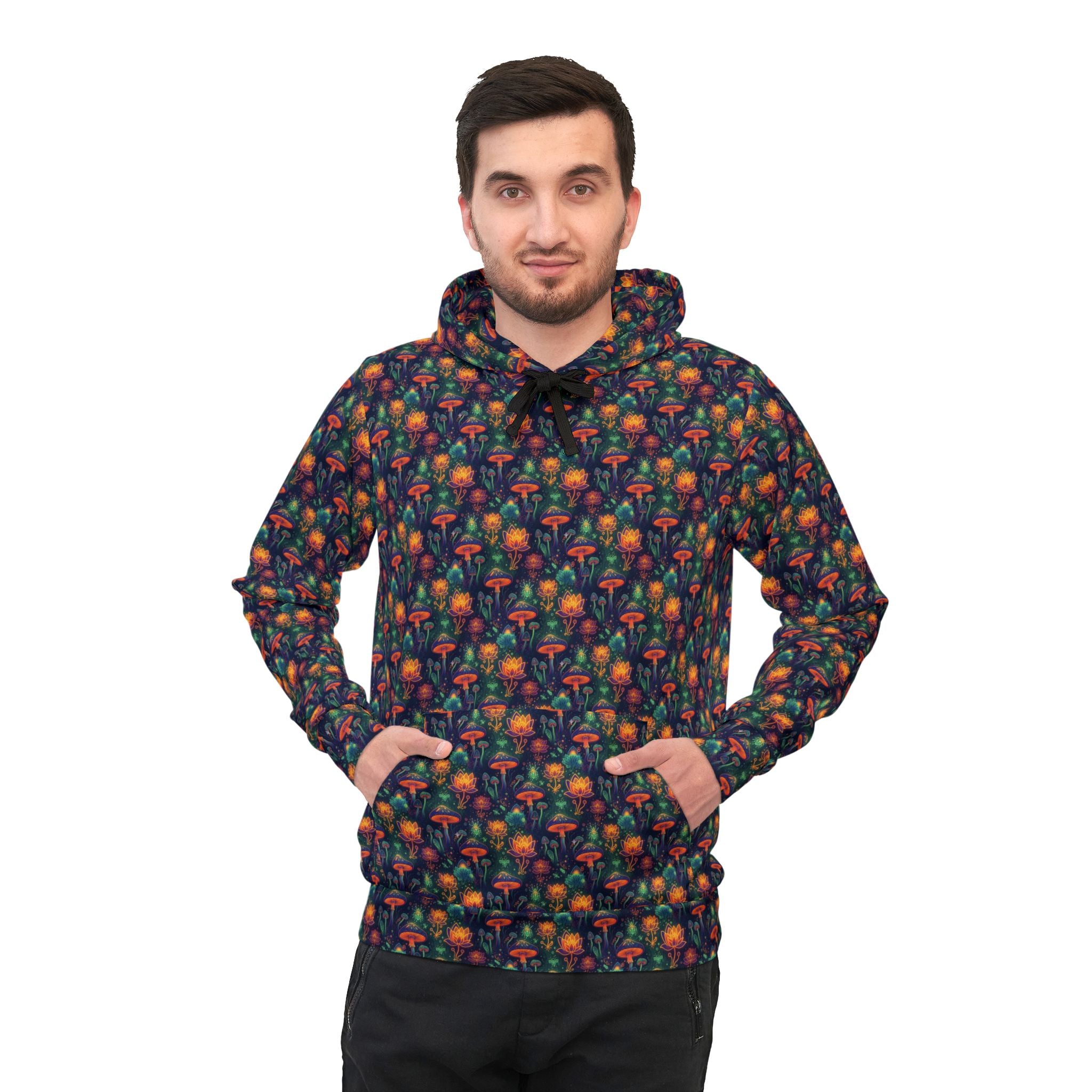 Mushroom Pattern Athletic Hoodie — Colorful All-Over Print Outdoor Pullover