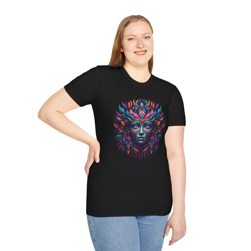 Mystic Forest Goddess T-Shirt — Colorful Psychedelic Leaf Face Tee