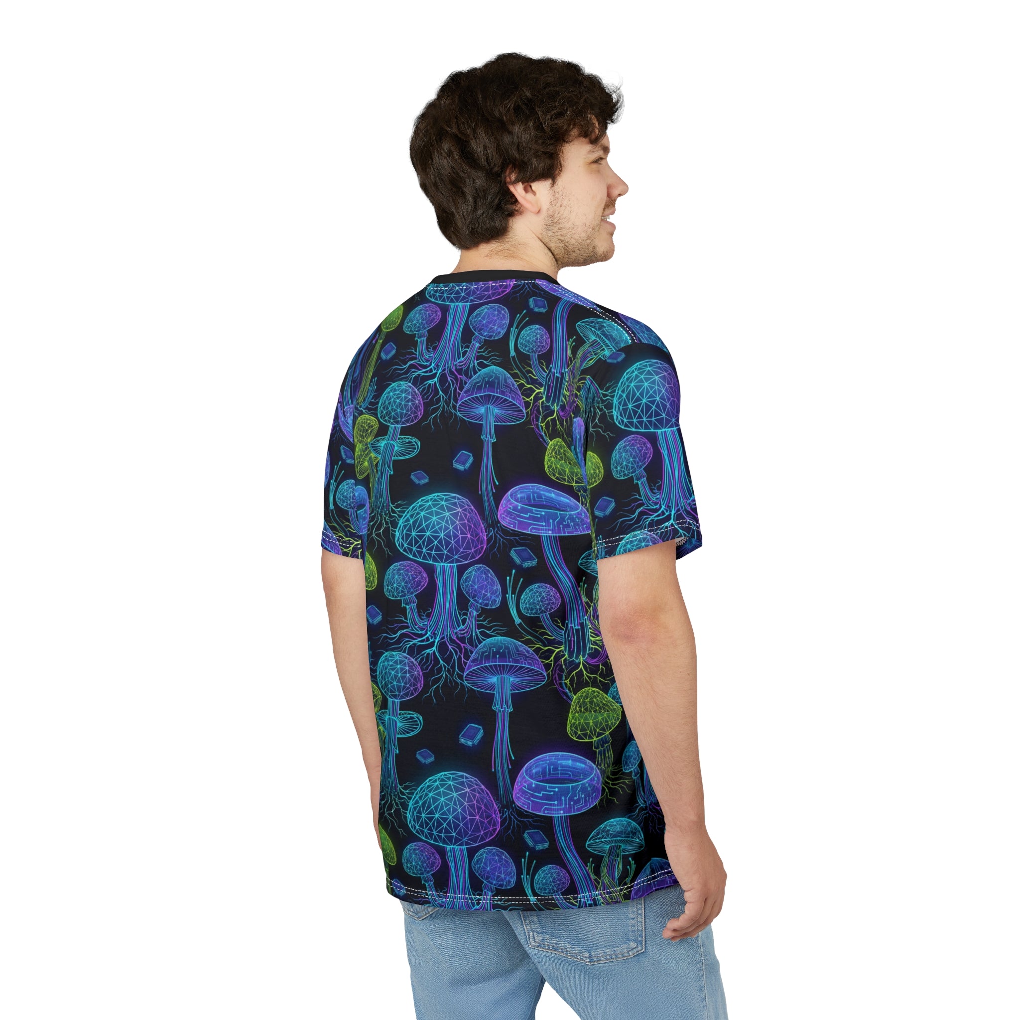 Mushroom Glow Tee — Neon Psychedelic All-Over Print T-Shirt