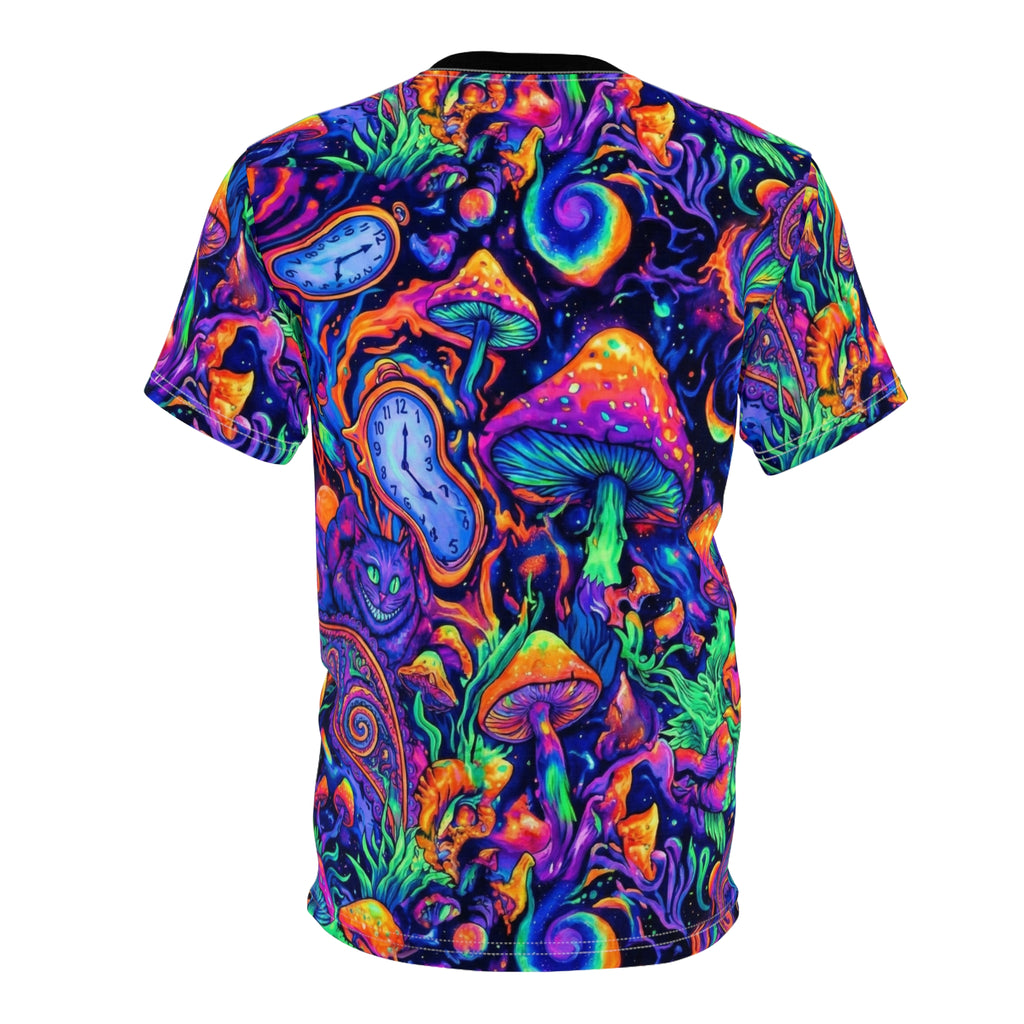 Psychedelic Mushroom All-Over Print Tee — Neon Trippy Fungi Shirt