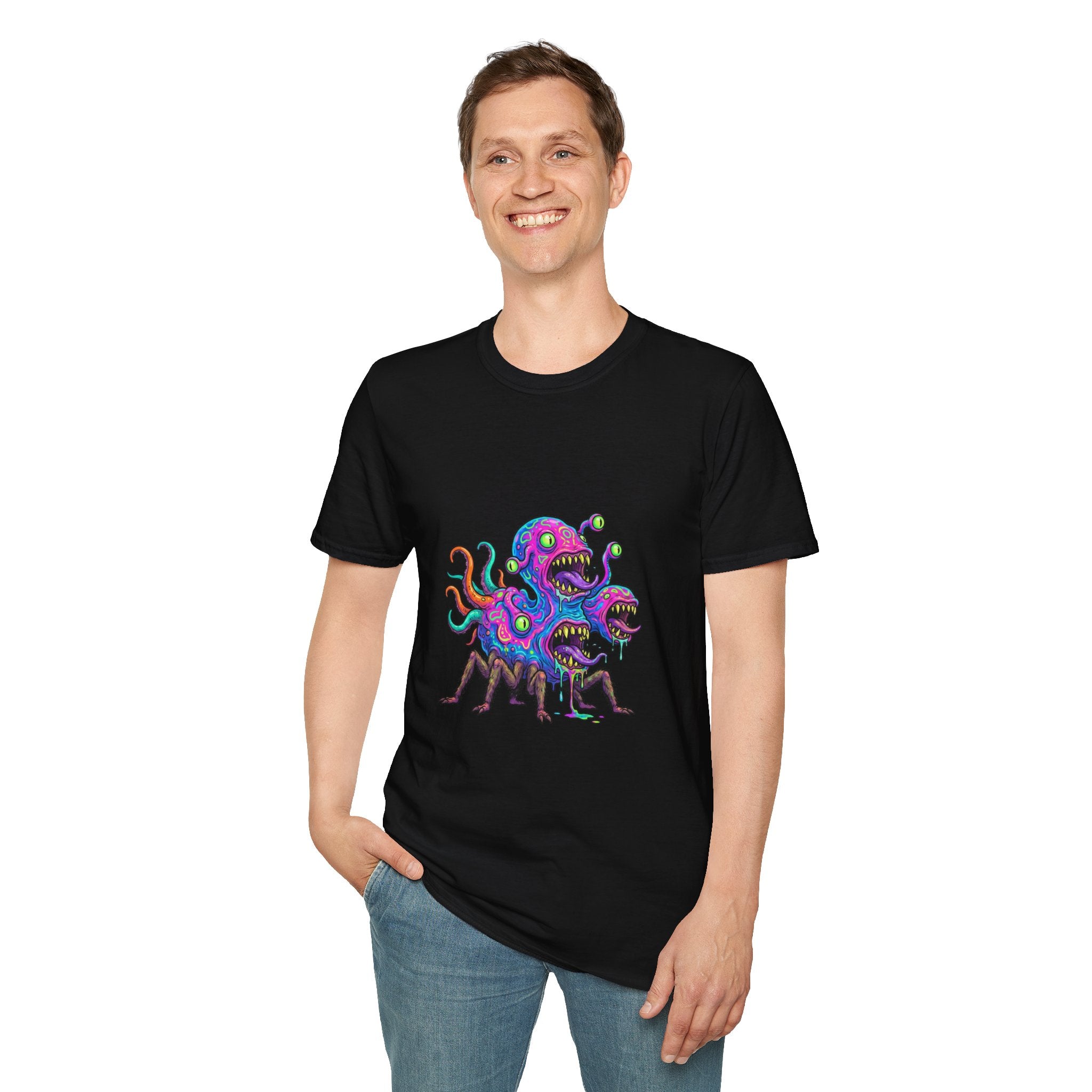 Monster Crew T-Shirt — Neon Three-Headed Alien Graphic Tee