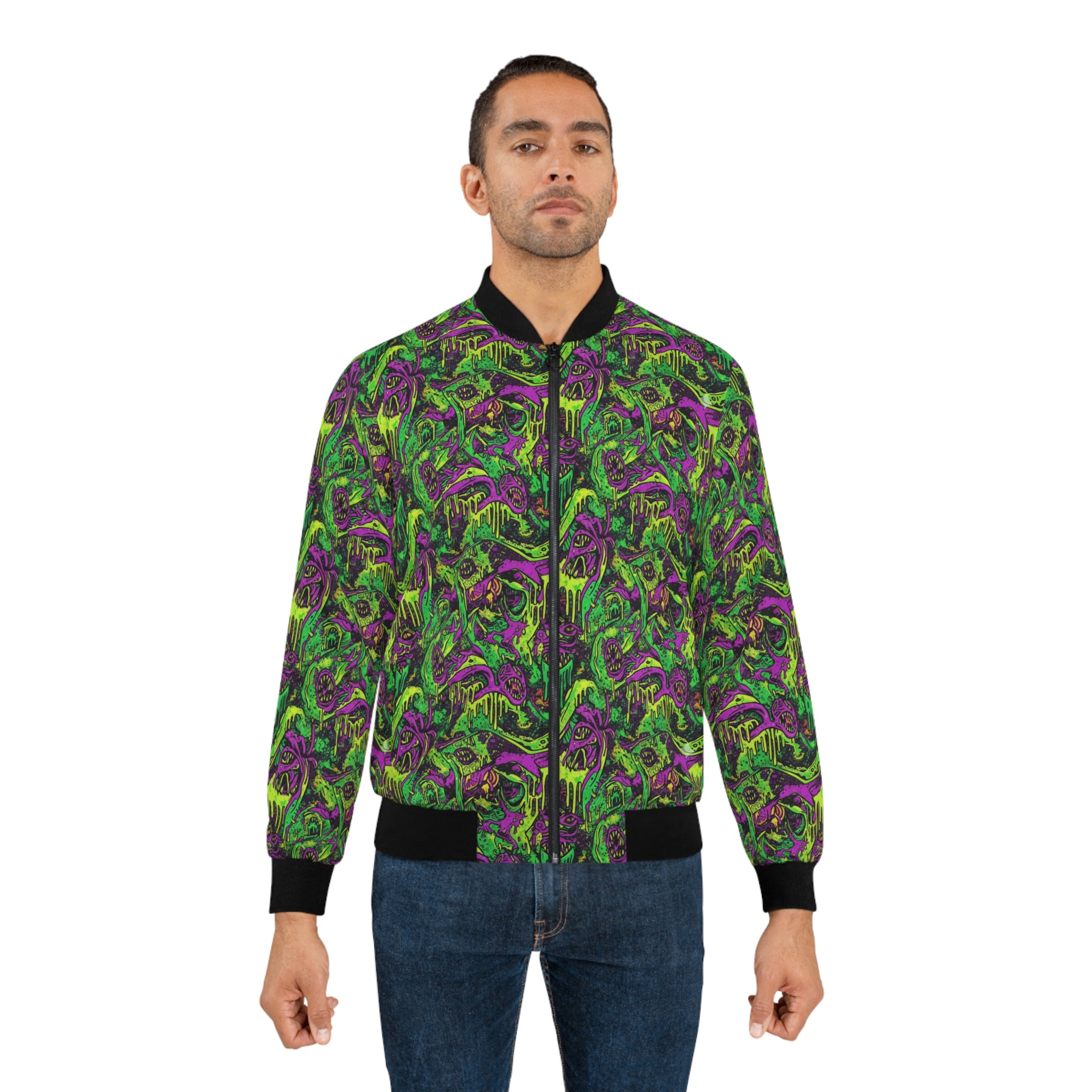 Monster Skull Bomber Drippy Jacket — Neon Green & Purple All-Over Print