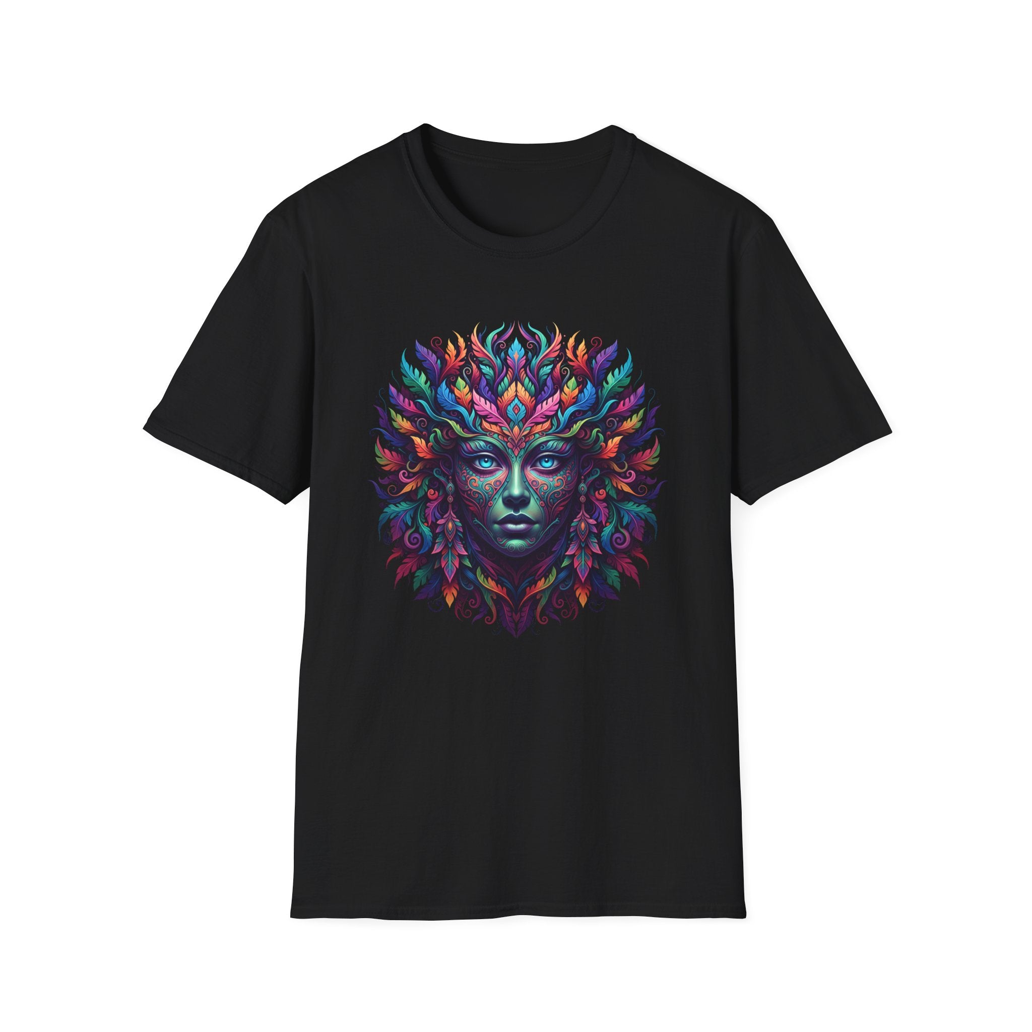 Mystic Forest Goddess T-Shirt — Colorful Psychedelic Leaf Face Tee