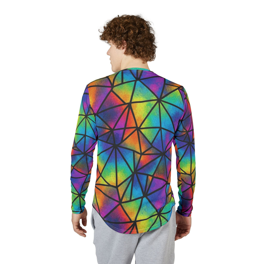 Men's Rainbow Geometric Long Sleeve UV Shirt — Vibrant Prism All-Over Print