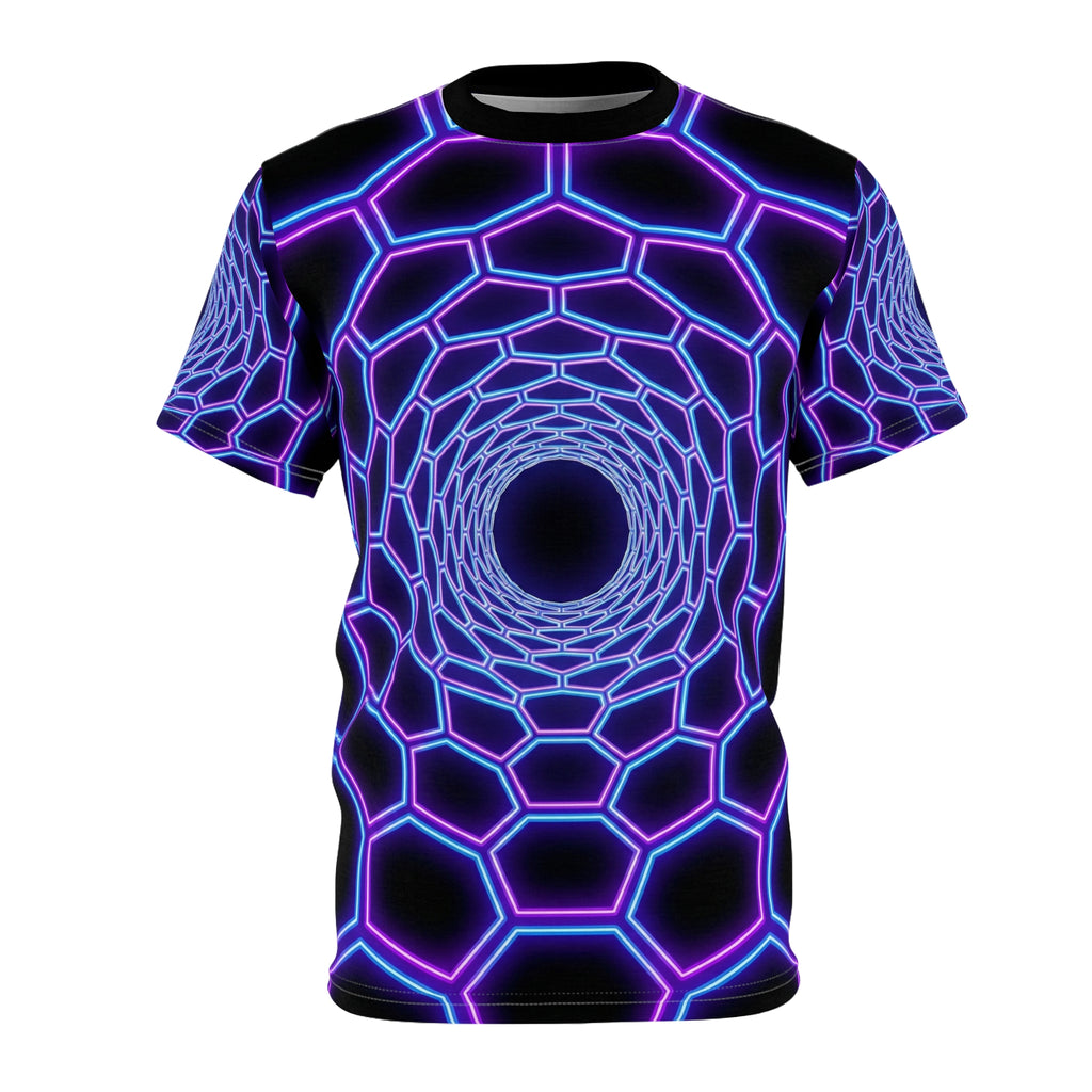 Neon Hex Tunnel Tee — Psychedelic Vortex All-Over Print T-Shirt
