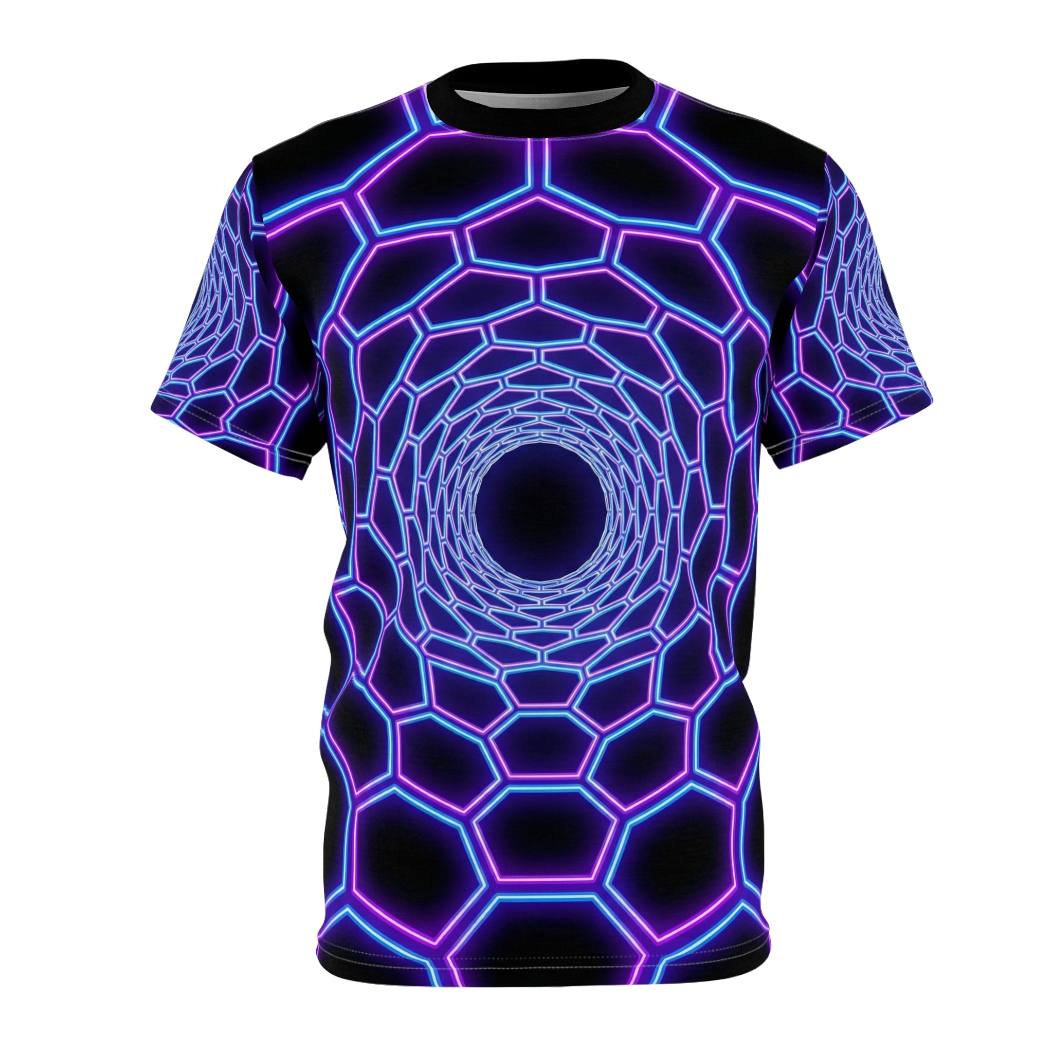 Neon Hex Tunnel Tee — Psychedelic Vortex All-Over Print T-Shirt