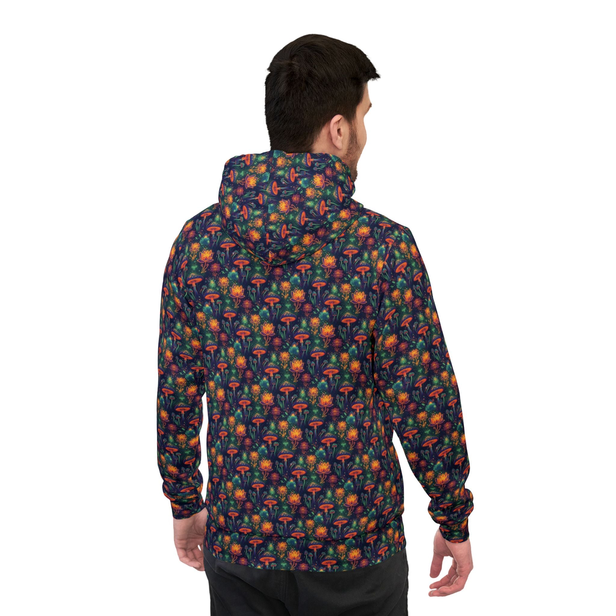 Mushroom Pattern Athletic Hoodie — Colorful All-Over Print Outdoor Pullover