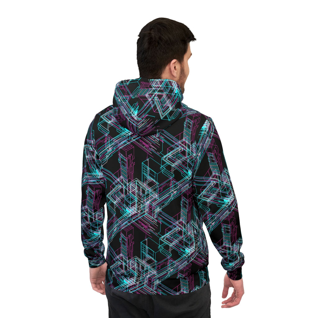 Geometric Neon Maze Hoodie — All-Over Print Athletic Pullover