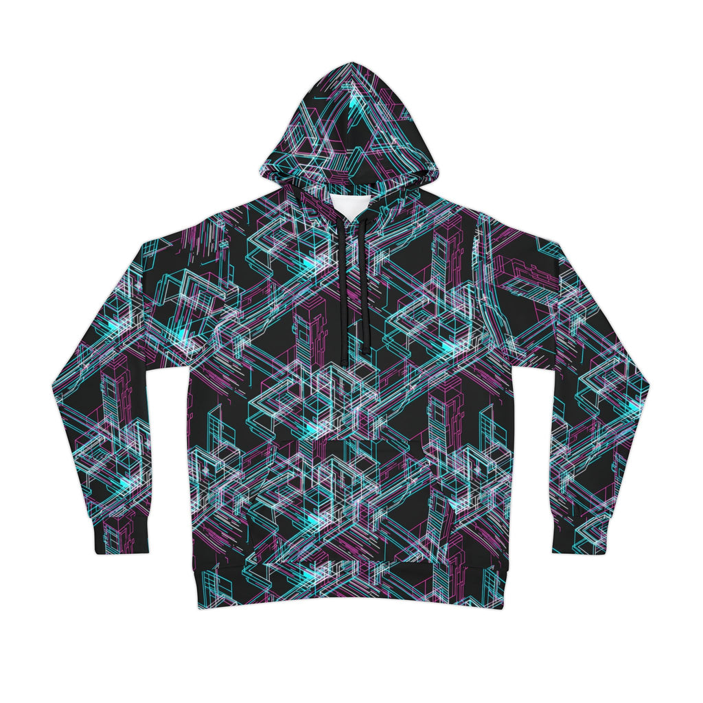 Geometric Neon Maze Hoodie — All-Over Print Athletic Pullover