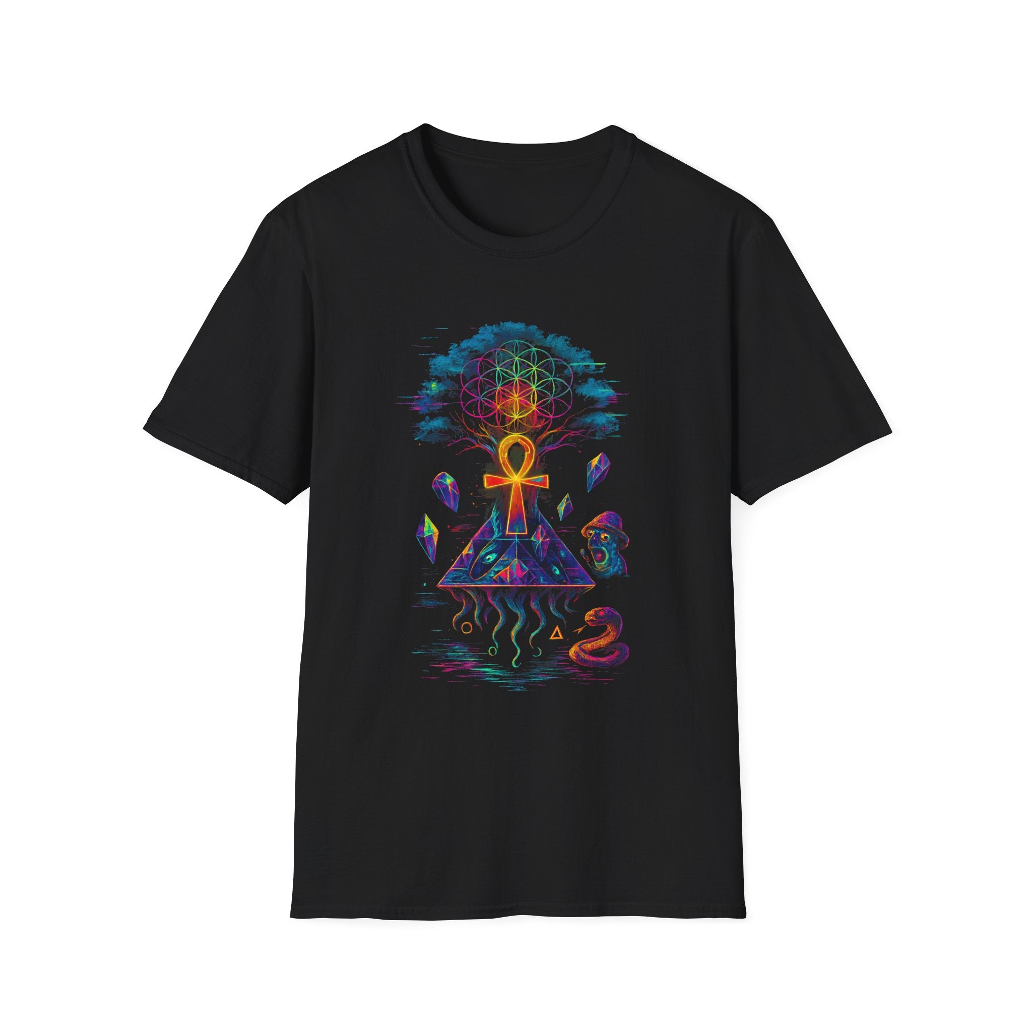 Mystical Geometry T-Shirt | Unisex Softstyle Tee for Spiritual Seekers | Psychedelic Art, Boho Style, Gift for Festivals