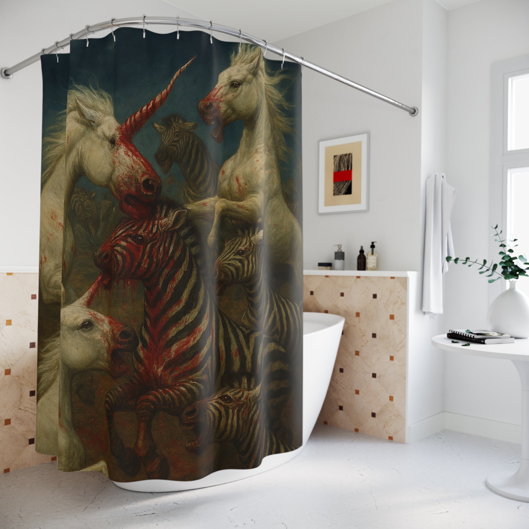 Unicorn Battle Shower Curtain, Artistic Home Decor, Unique Bathroom Accessories, Colorful Unicorn Design, Gifts for Unicorn Lovers