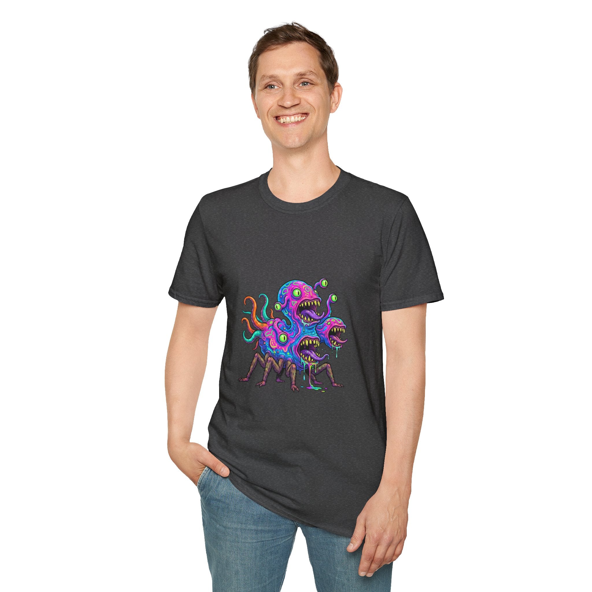 Monster Crew T-Shirt — Neon Three-Headed Alien Graphic Tee