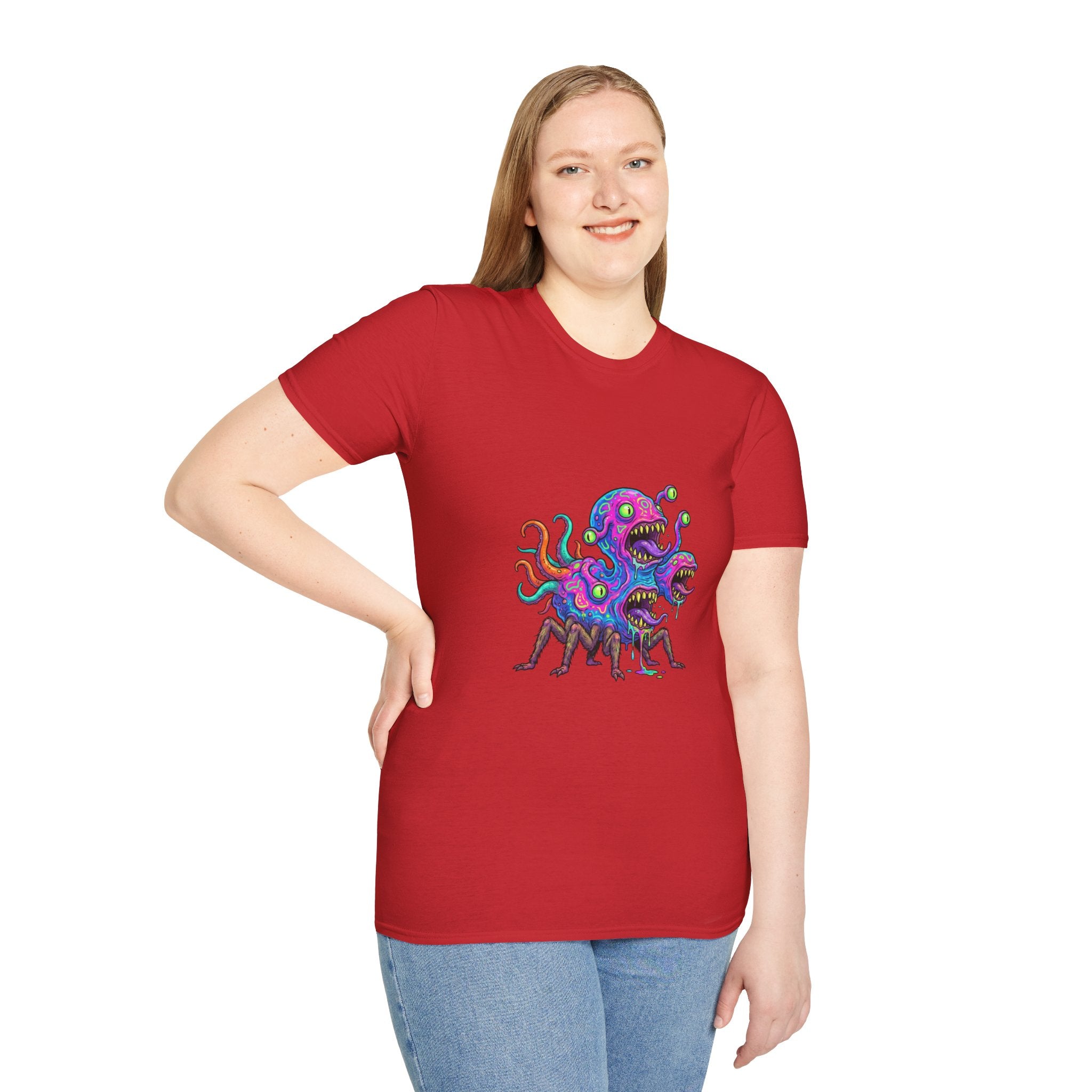 Monster Crew T-Shirt — Neon Three-Headed Alien Graphic Tee