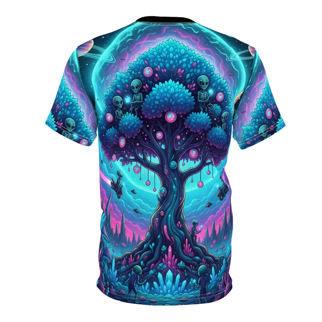 Cosmic Tree Unisex Cutting-Edge Tee – Vibrant AOP Design for Nature Lovers and Dreamers