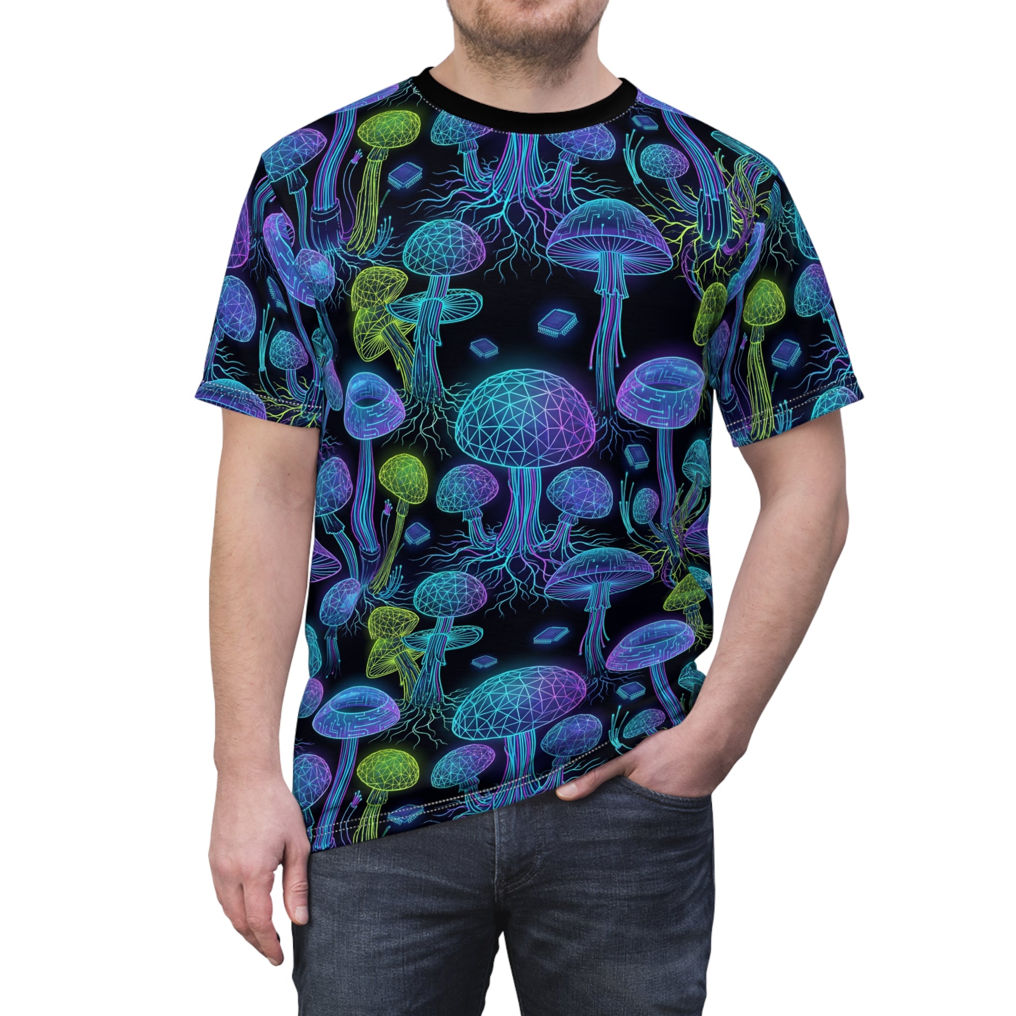 Mushroom Glow Tee — Neon Psychedelic All-Over Print T-Shirt