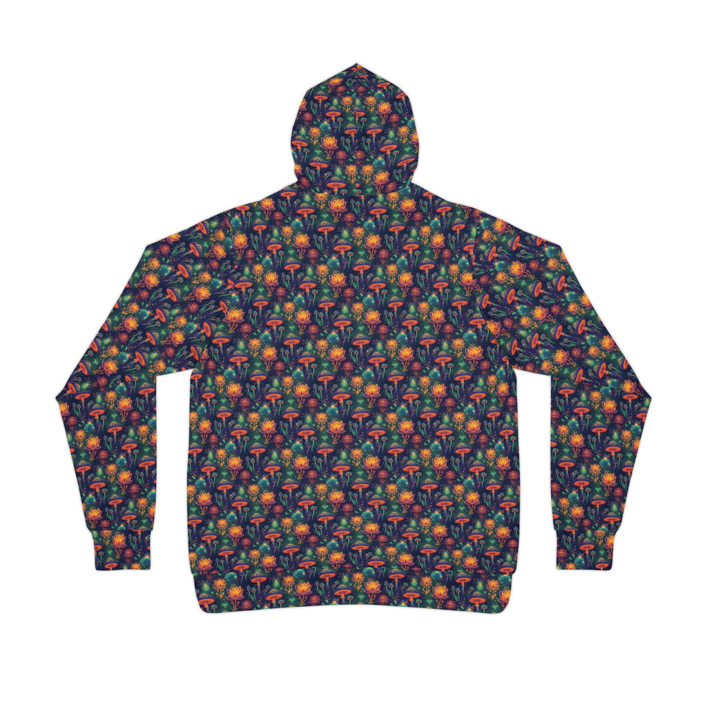 Mushroom Pattern Athletic Hoodie — Colorful All-Over Print Outdoor Pullover