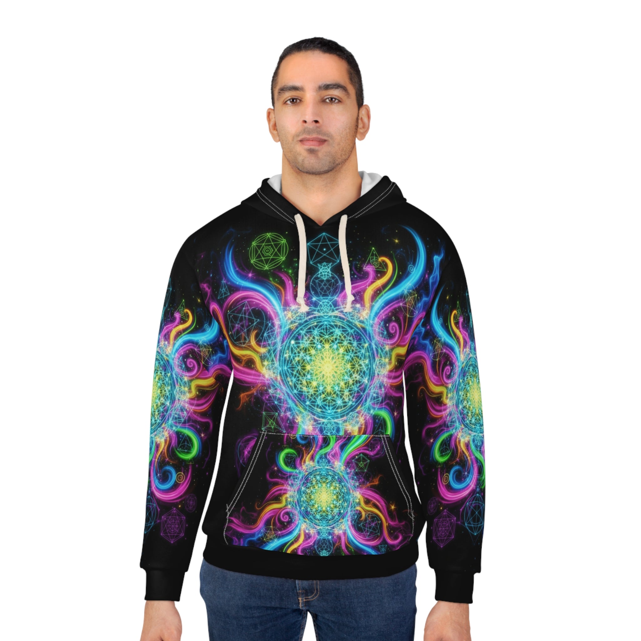 Colorful Cosmic Energy Hoodie, Unisex Pullover, Galaxy Print Sweatshirt, Festival Outfit, Psychedelic Apparel, Gift for Astronomers