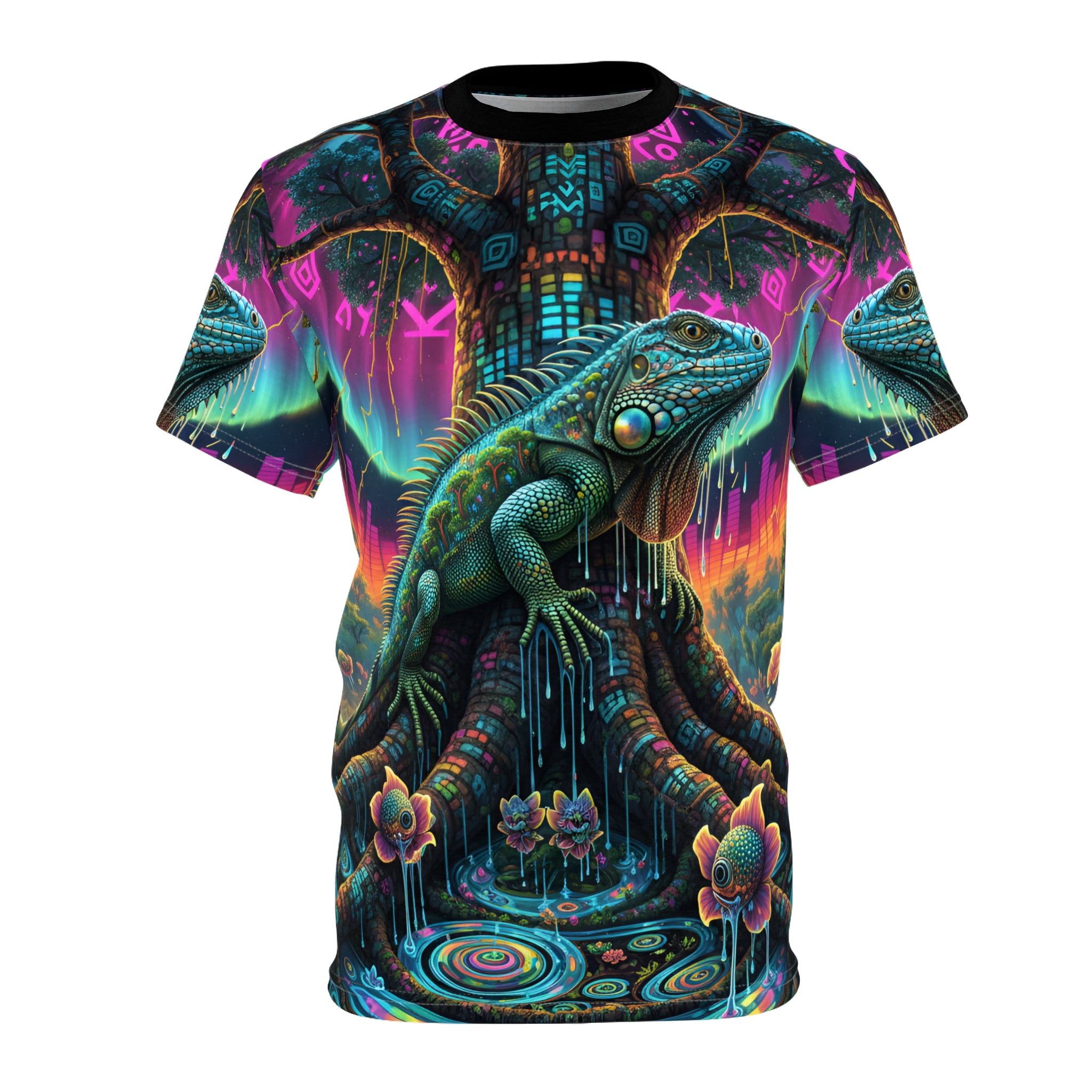 Psychedelic Iguana Tree Tee — Neon Fantasy All-Over Print