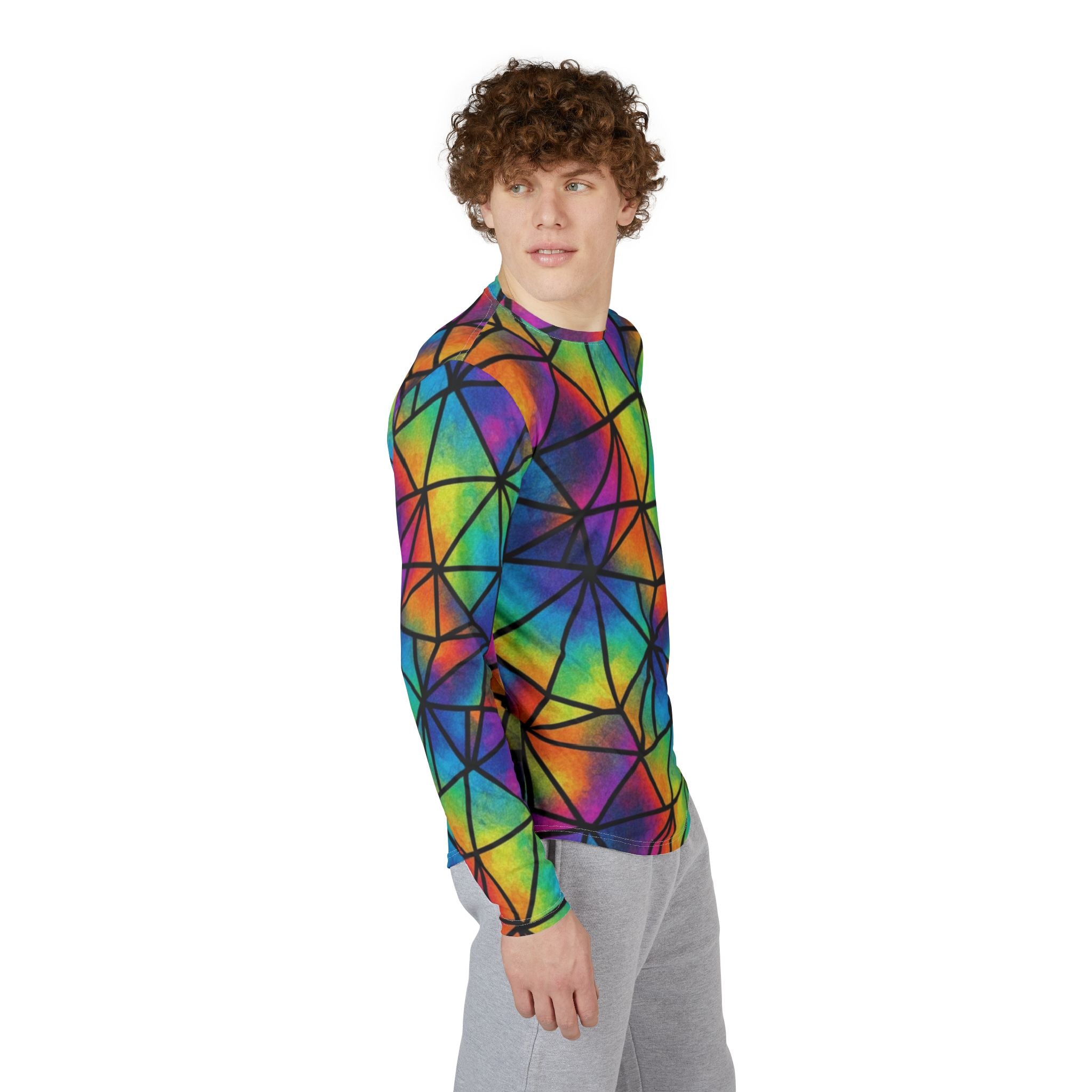 Men's Rainbow Geometric Long Sleeve UV Shirt — Vibrant Prism All-Over Print