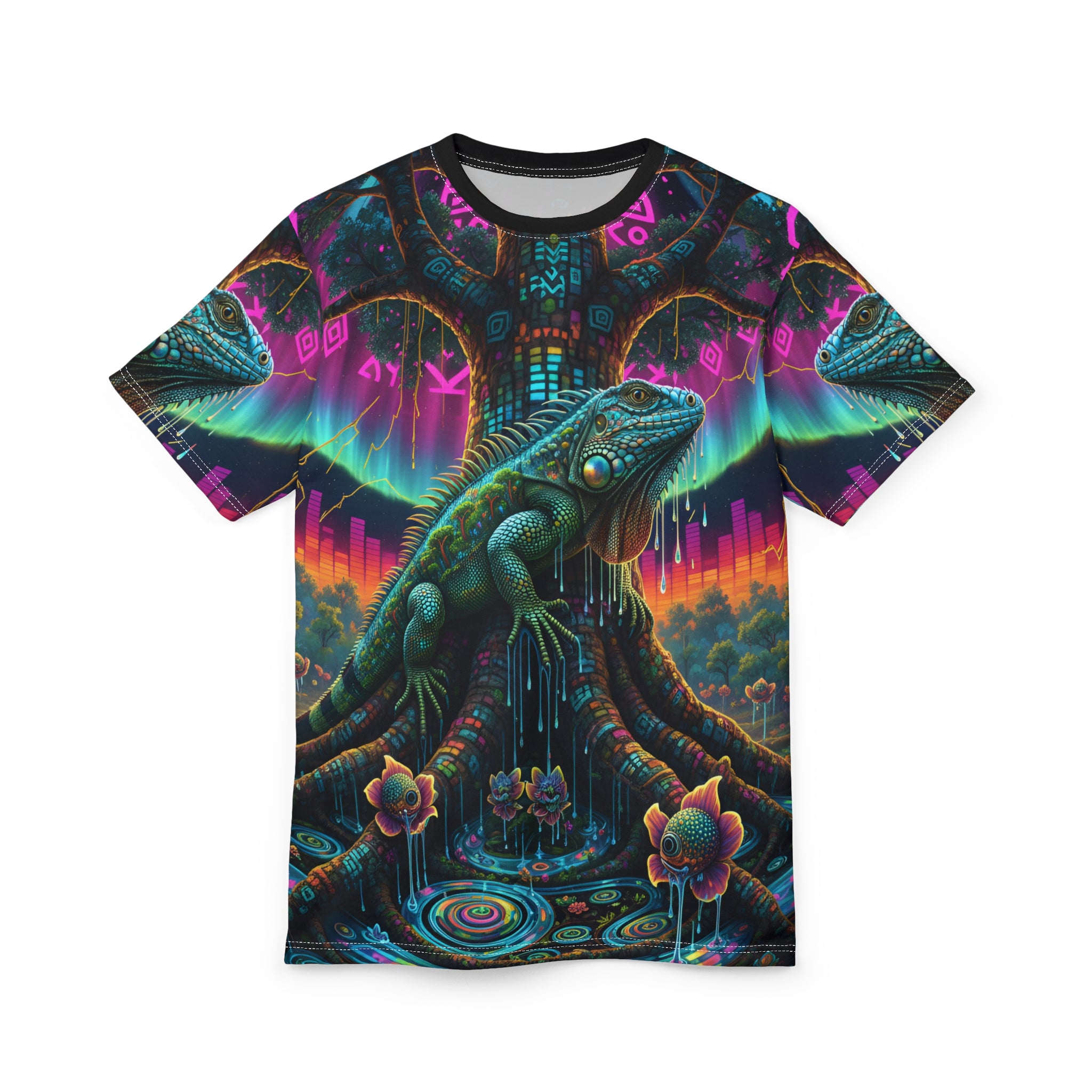 Psychedelic Iguana Tree Tee — Neon Fantasy All-Over Print