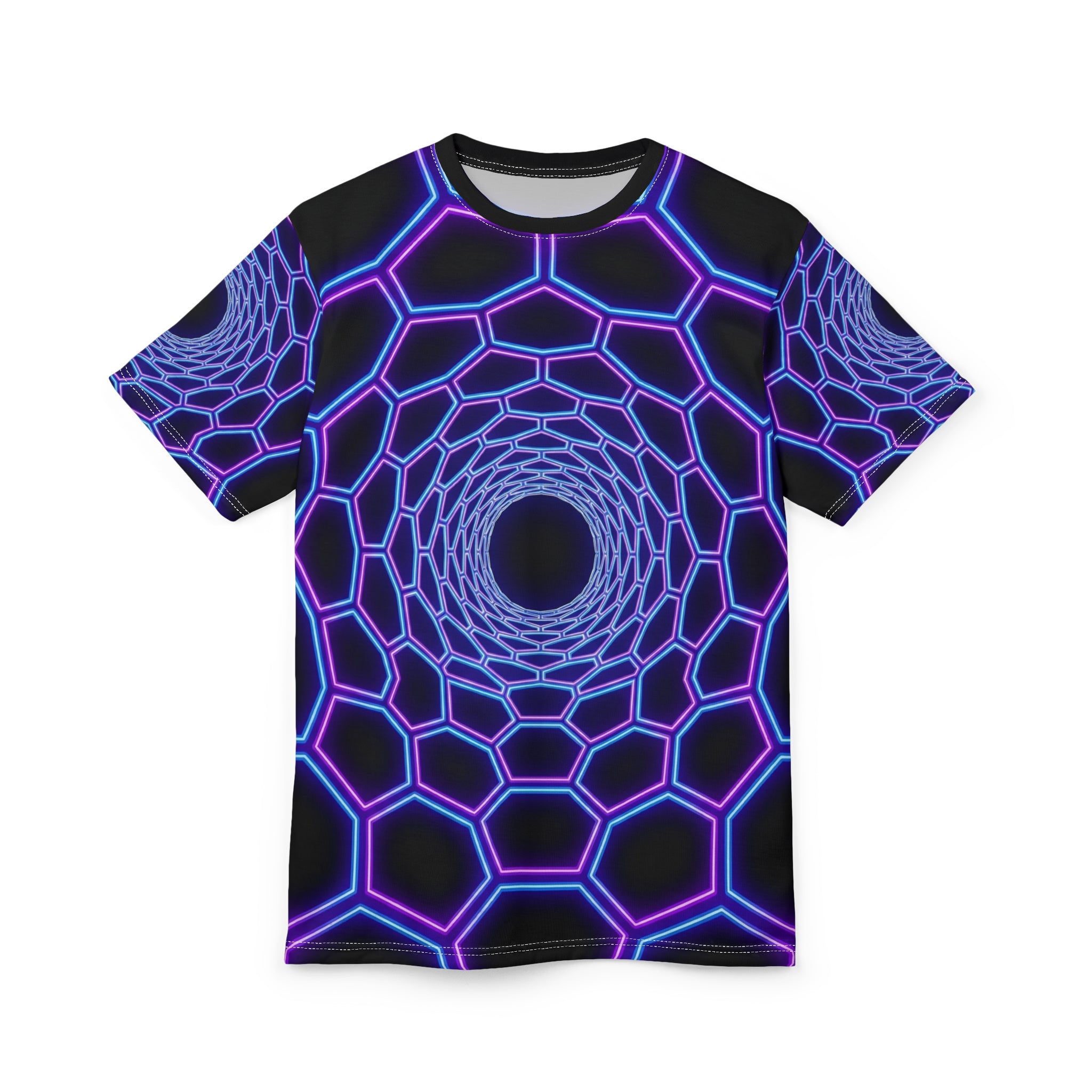 Neon Hex Tunnel Tee — Psychedelic Vortex All-Over Print T-Shirt