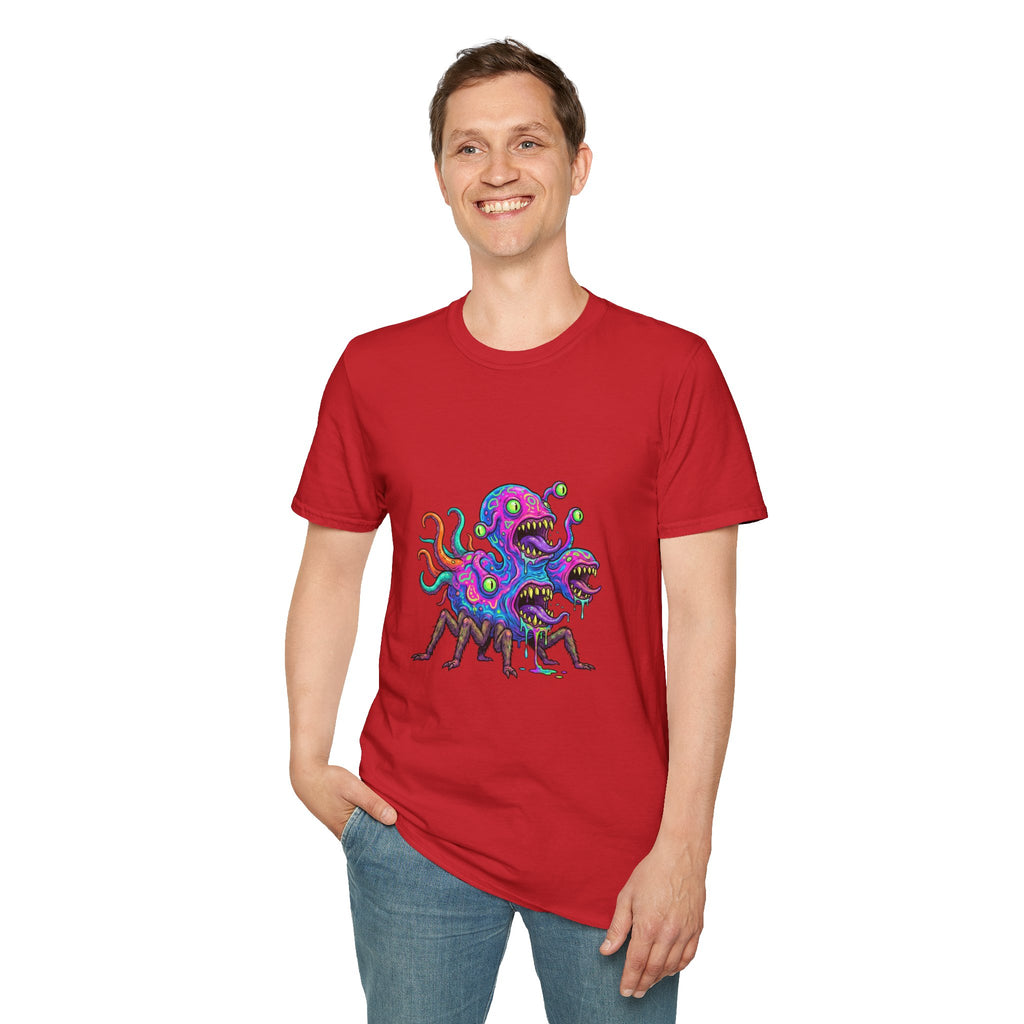Monster Crew T-Shirt — Neon Three-Headed Alien Graphic Tee