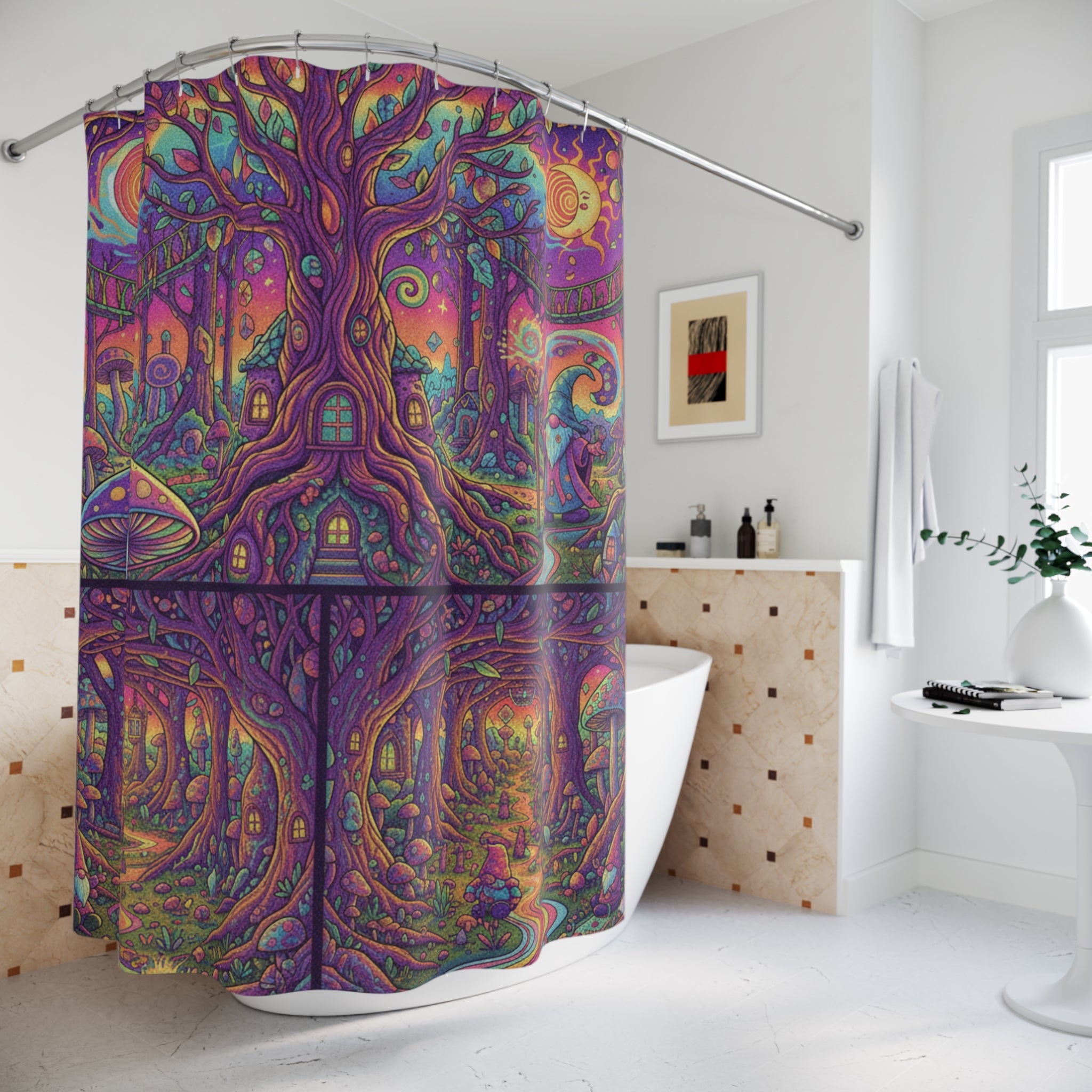 Trippy Forest Shower Curtain, Magical Bathroom Decor, Colorful Tree Design, Boho Style, Cozy Home Accessories