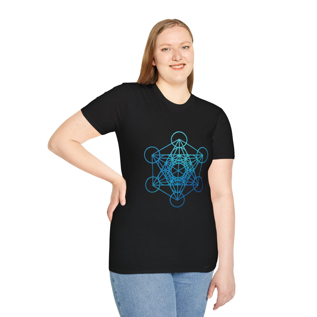Geometric Spiritual T-Shirt, Metatron's Cube Design, Unisex Softstyle Tee, Gift for Yoga Lovers, Meditation Attire, Spiritual Shirt
