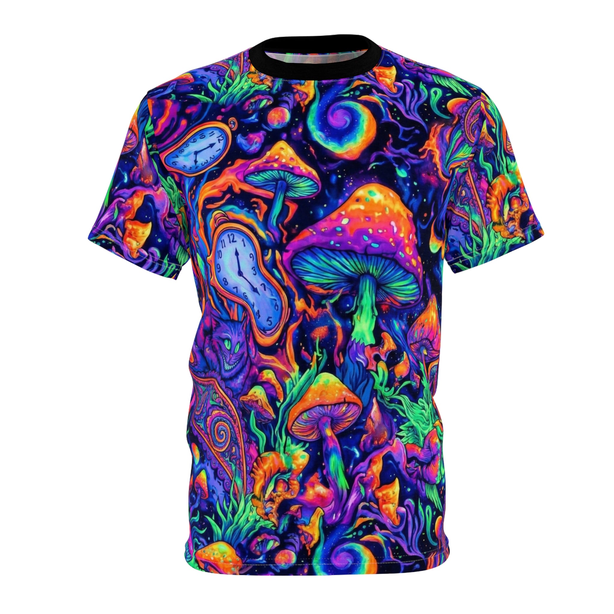Psychedelic Mushroom All-Over Print Tee — Neon Trippy Fungi Shirt