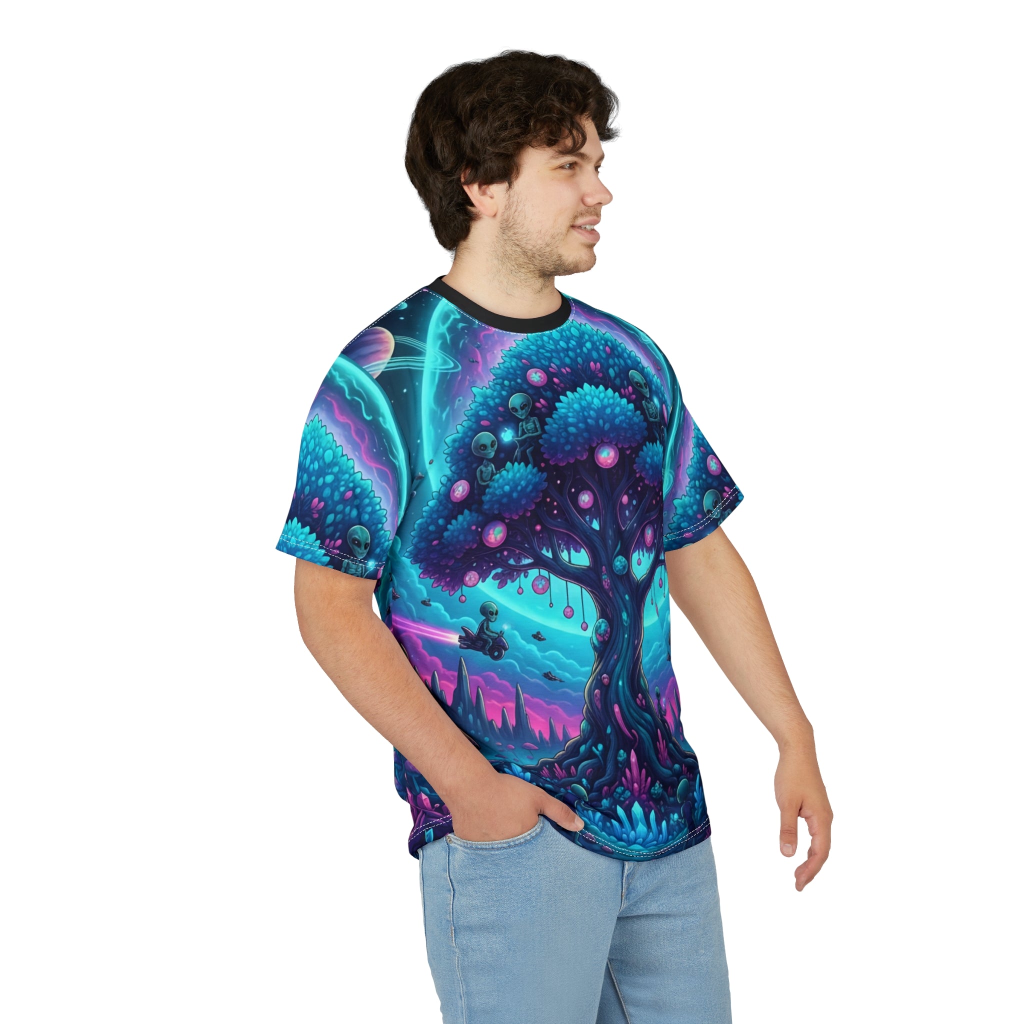Cosmic Tree Unisex Cutting-Edge Tee – Vibrant AOP Design for Nature Lovers and Dreamers