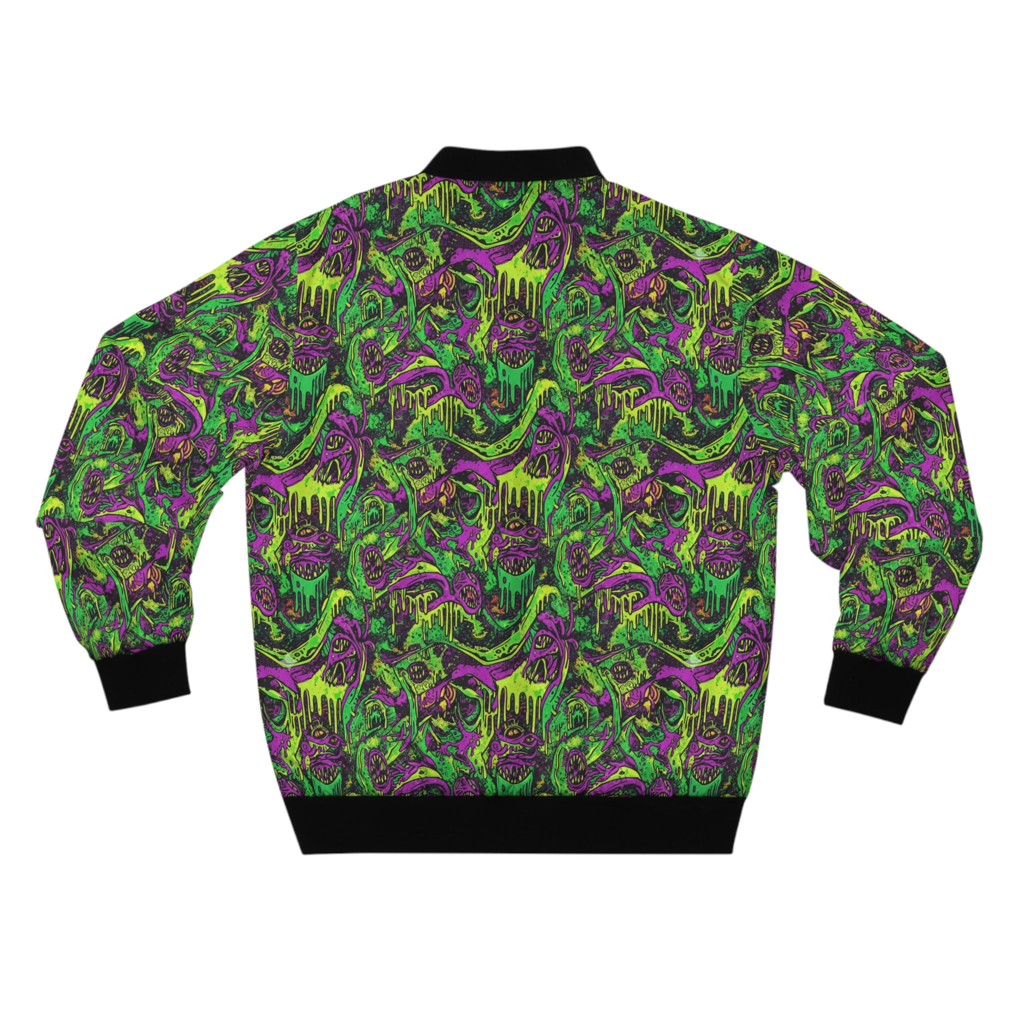 Monster Skull Bomber Drippy Jacket — Neon Green & Purple All-Over Print
