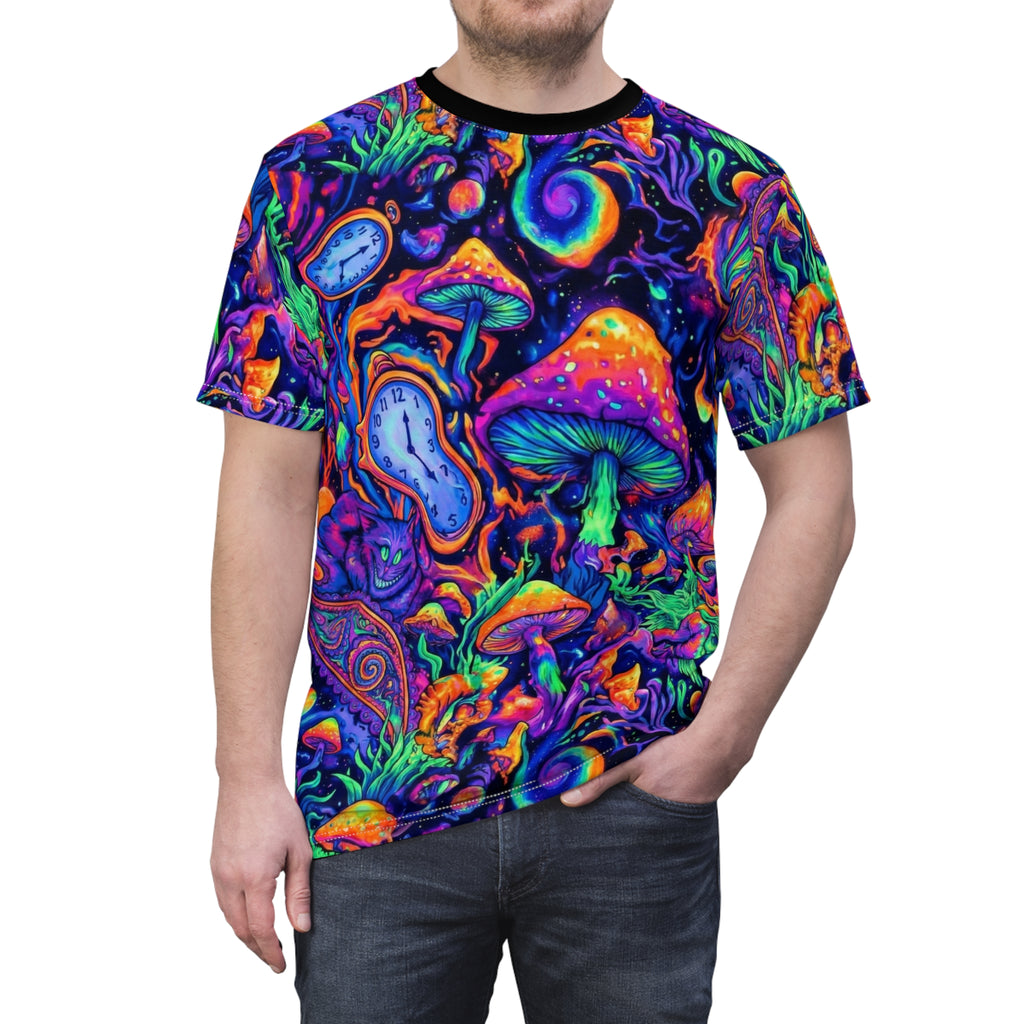 Psychedelic Mushroom All-Over Print Tee — Neon Trippy Fungi Shirt