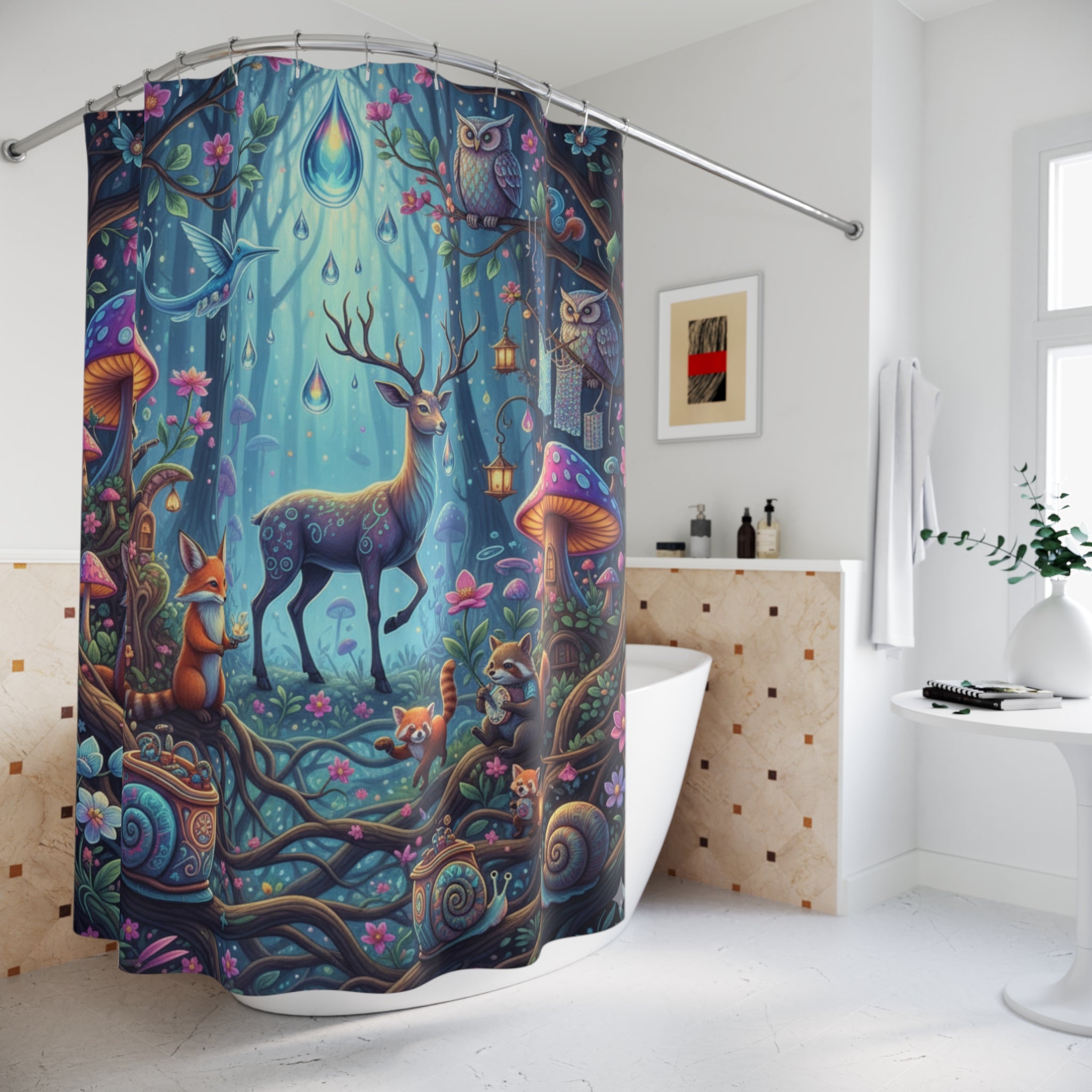 Whimsical Forest Shower Curtain with Enchanted Creatures