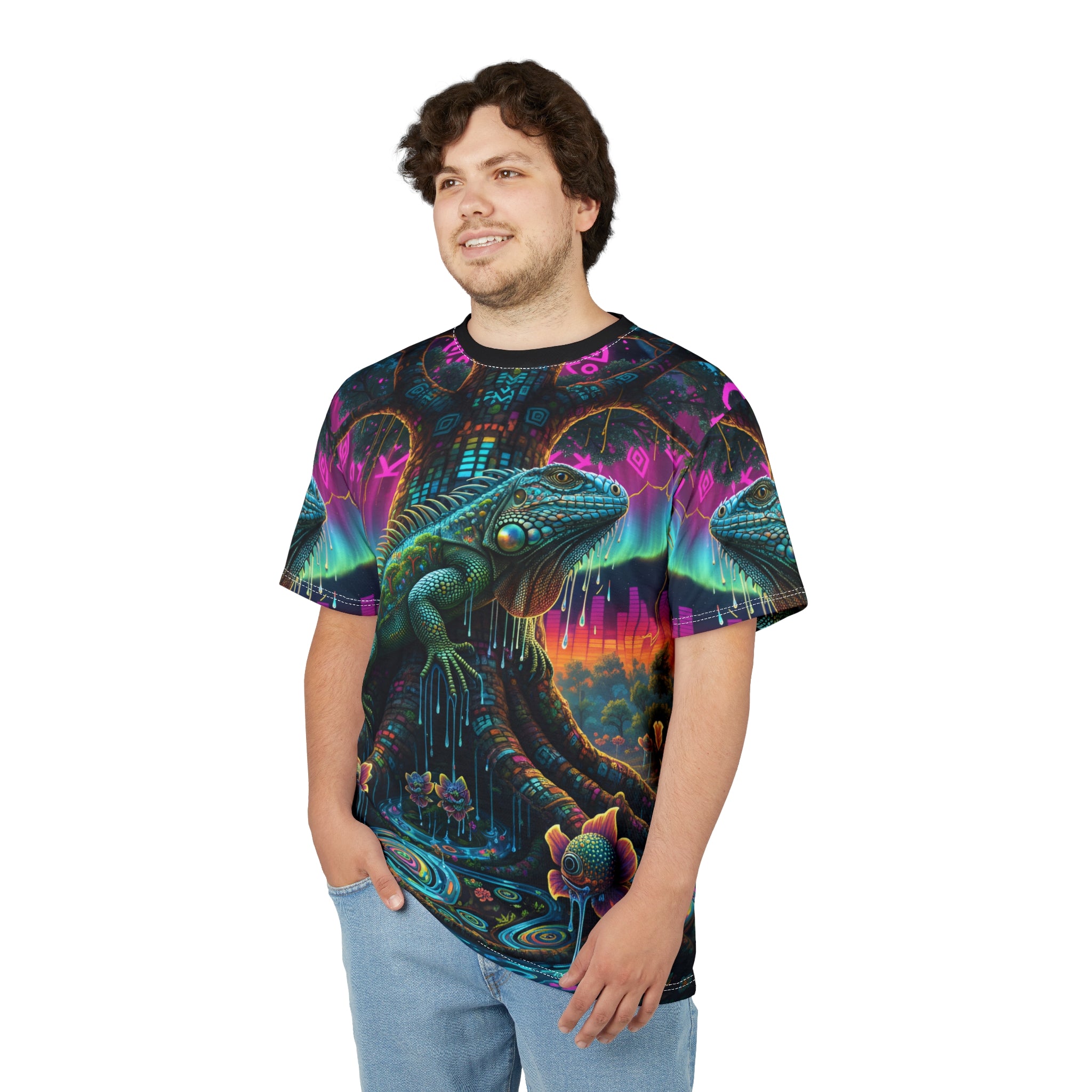 Psychedelic Iguana Tree Tee — Neon Fantasy All-Over Print