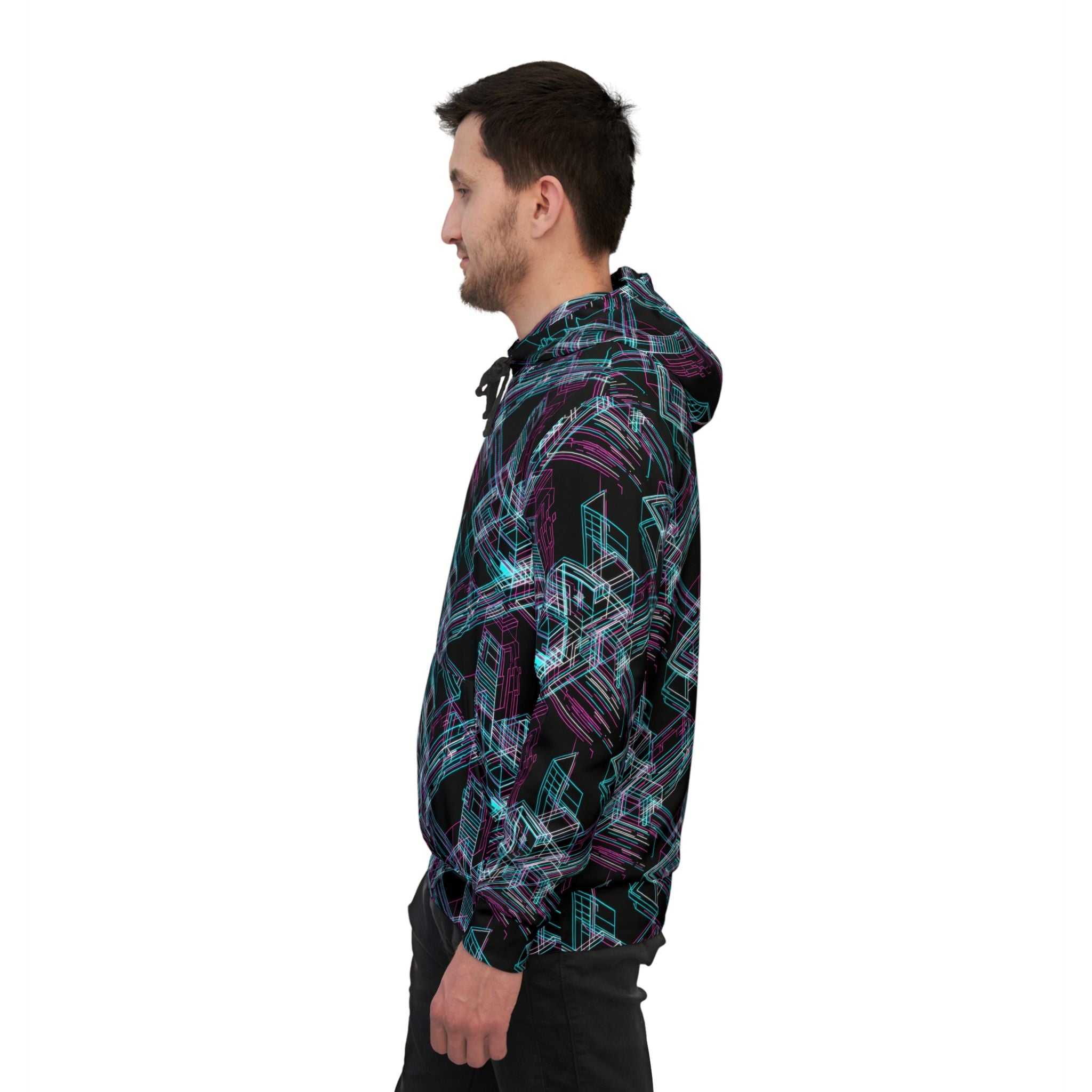 Geometric Neon Maze Hoodie — All-Over Print Athletic Pullover