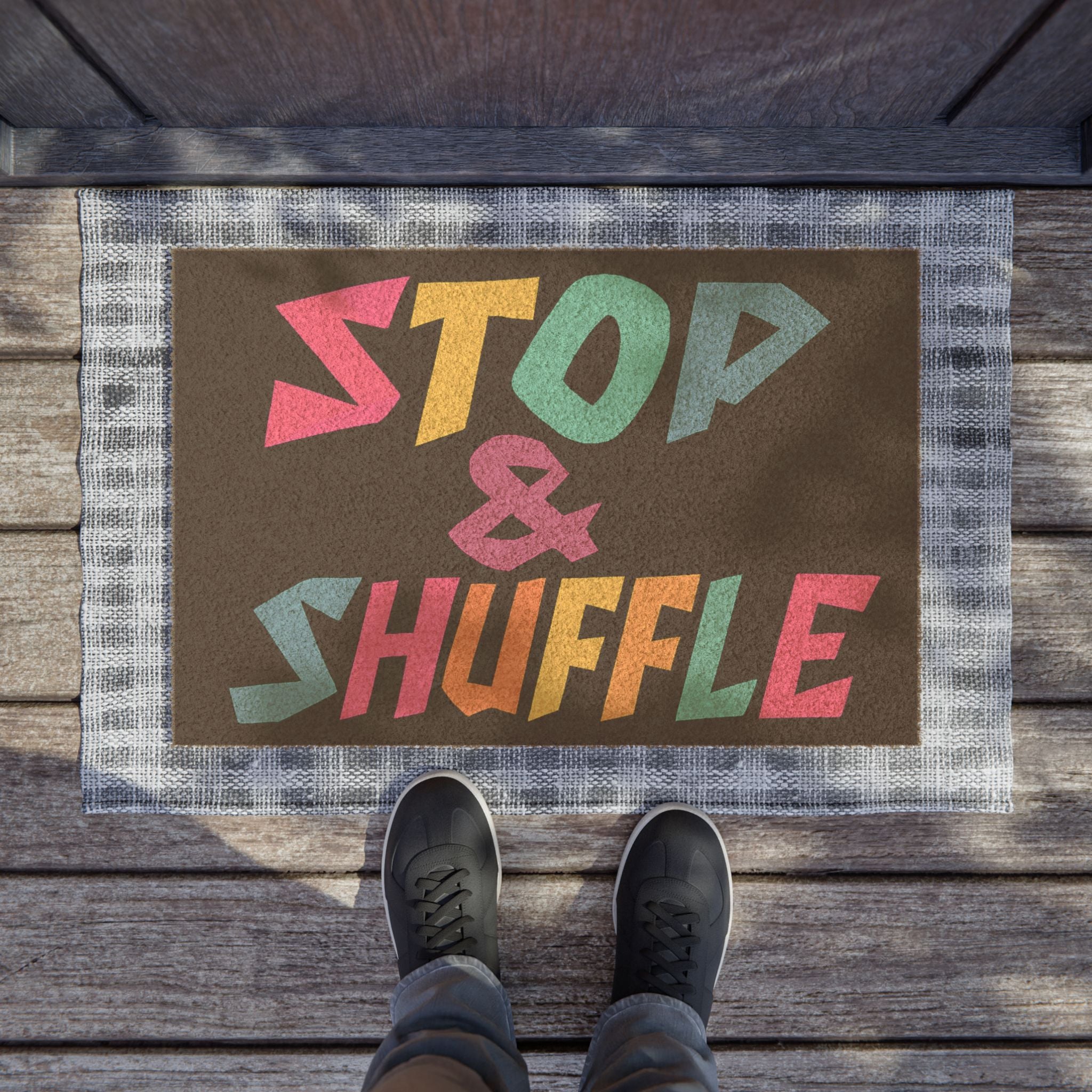 Colorful "Stop & Shuffle" Doormat - Fun Entryway Rug, Personalized Home Decor, Gift for Friends, Indoor/Outdoor Mat