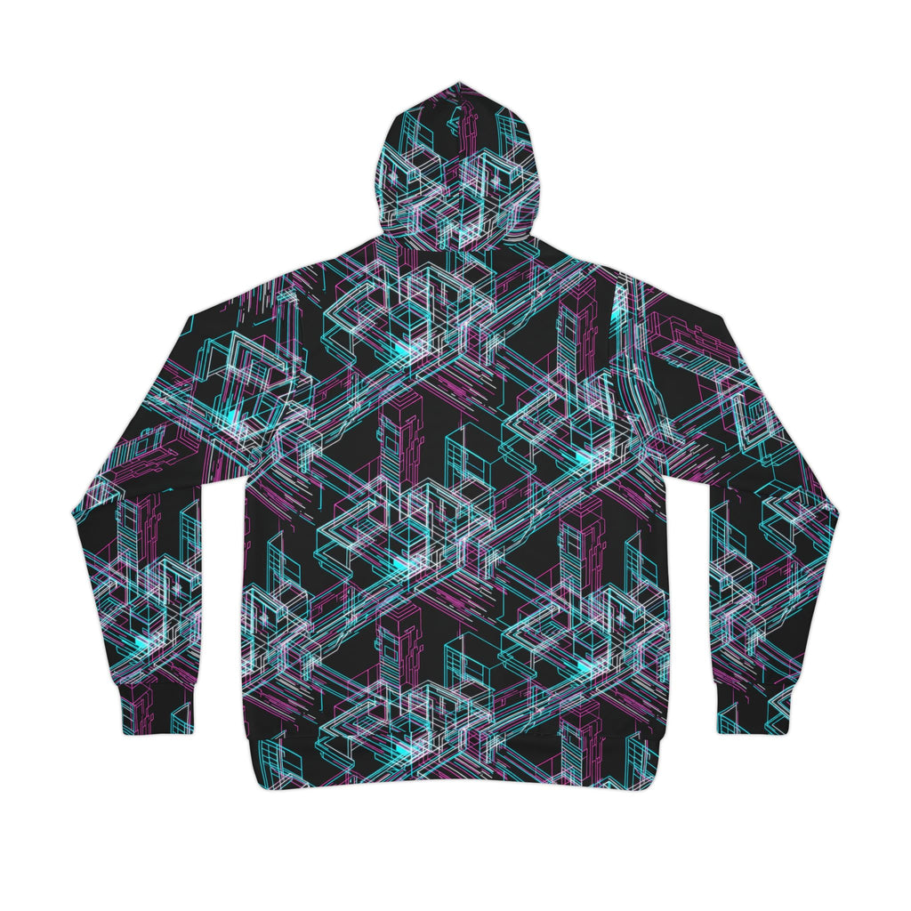 Geometric Neon Maze Hoodie — All-Over Print Athletic Pullover