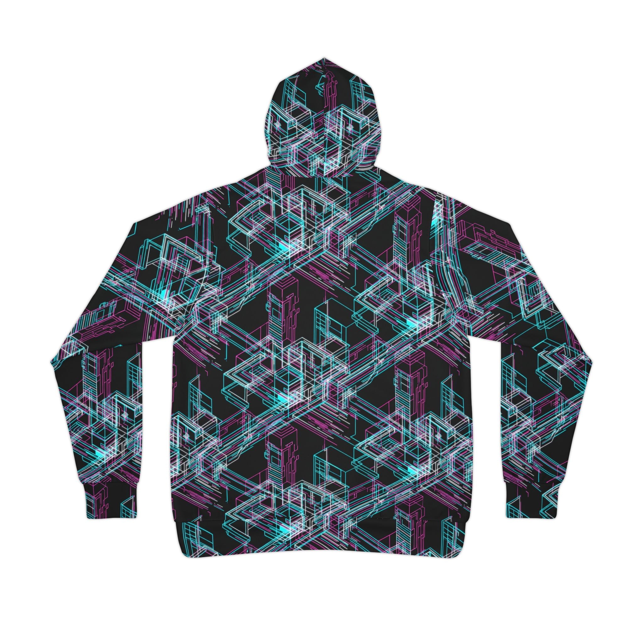 Geometric Neon Maze Hoodie — All-Over Print Athletic Pullover