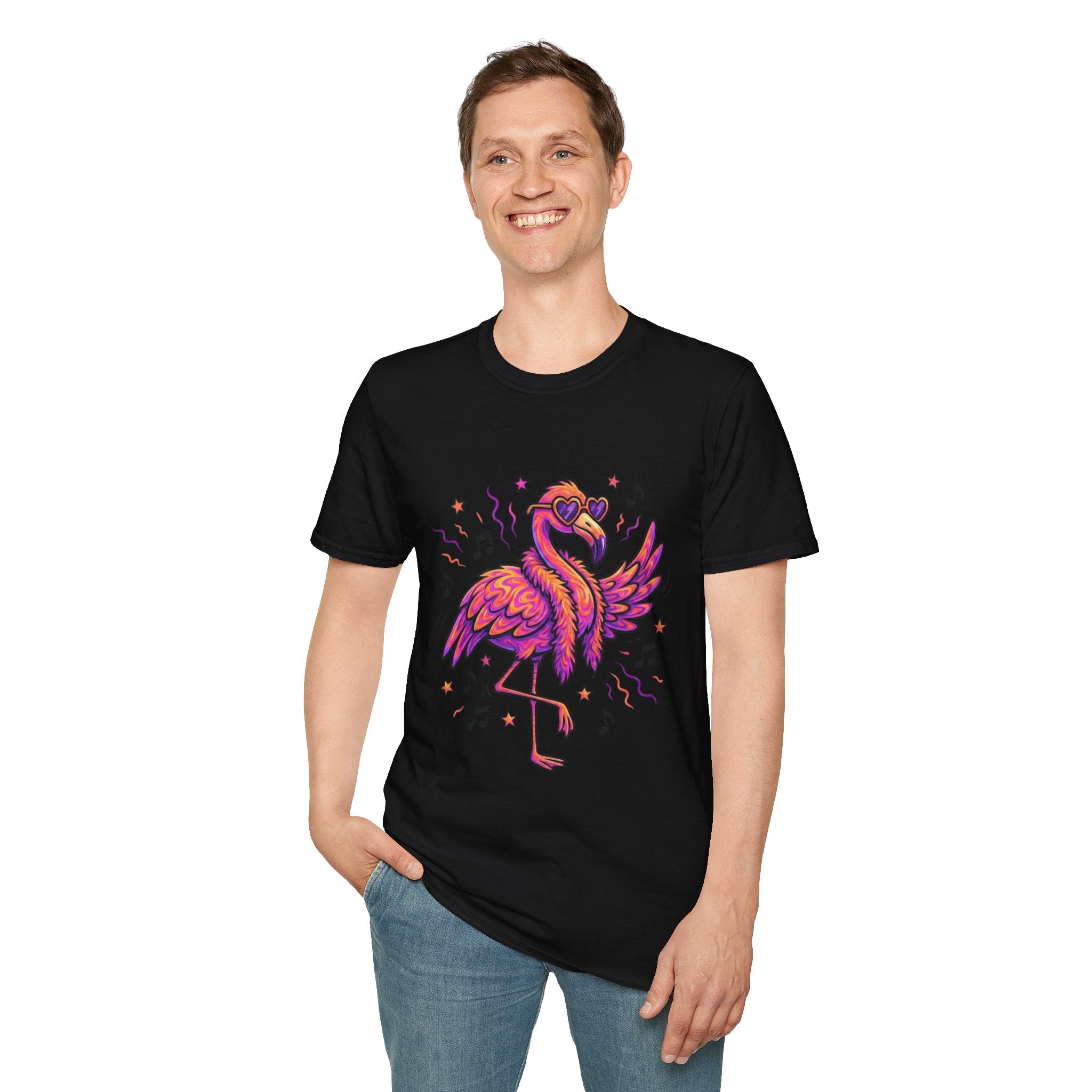 Neon Pink Flamingo Graphic T-Shirt — Retro 80s Vibe Casual Tee