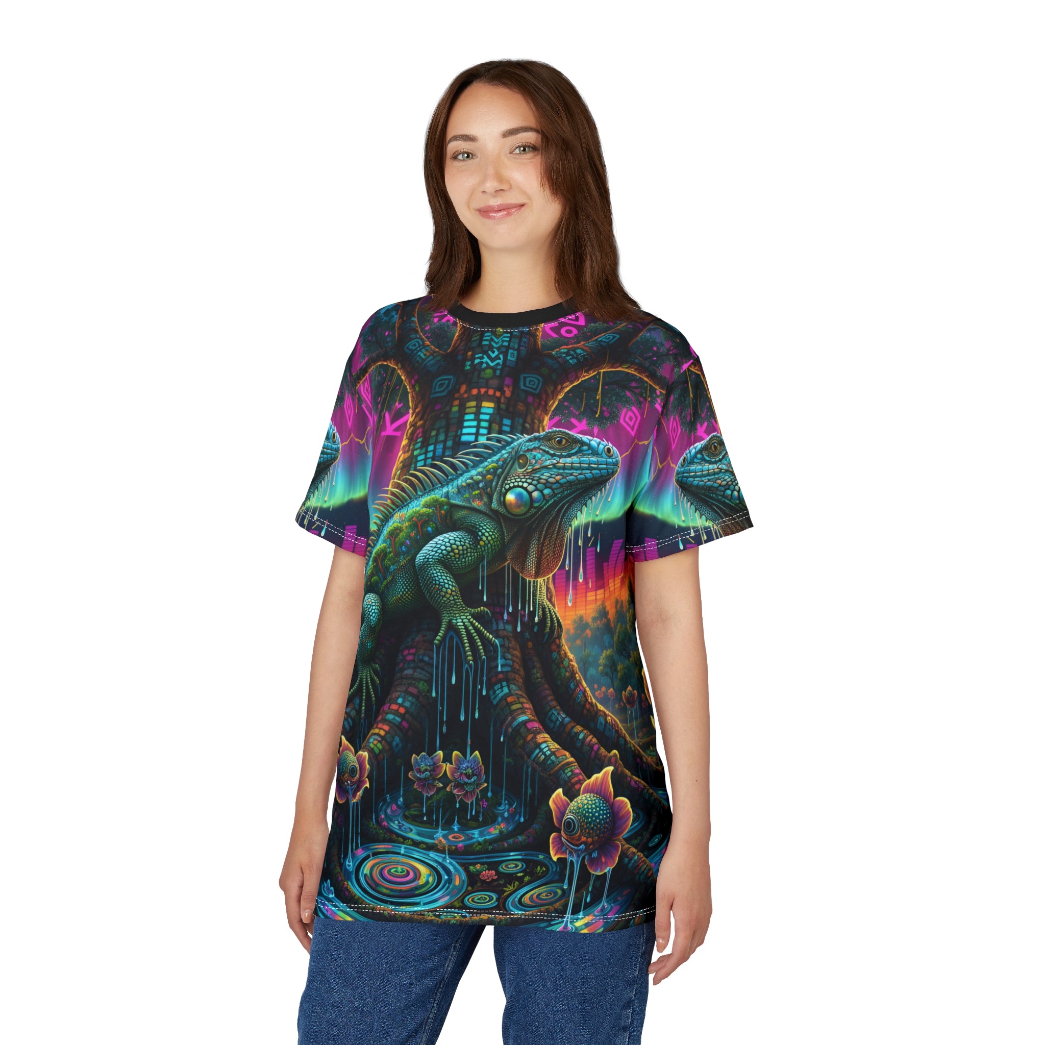 Psychedelic Iguana Tree Tee — Neon Fantasy All-Over Print