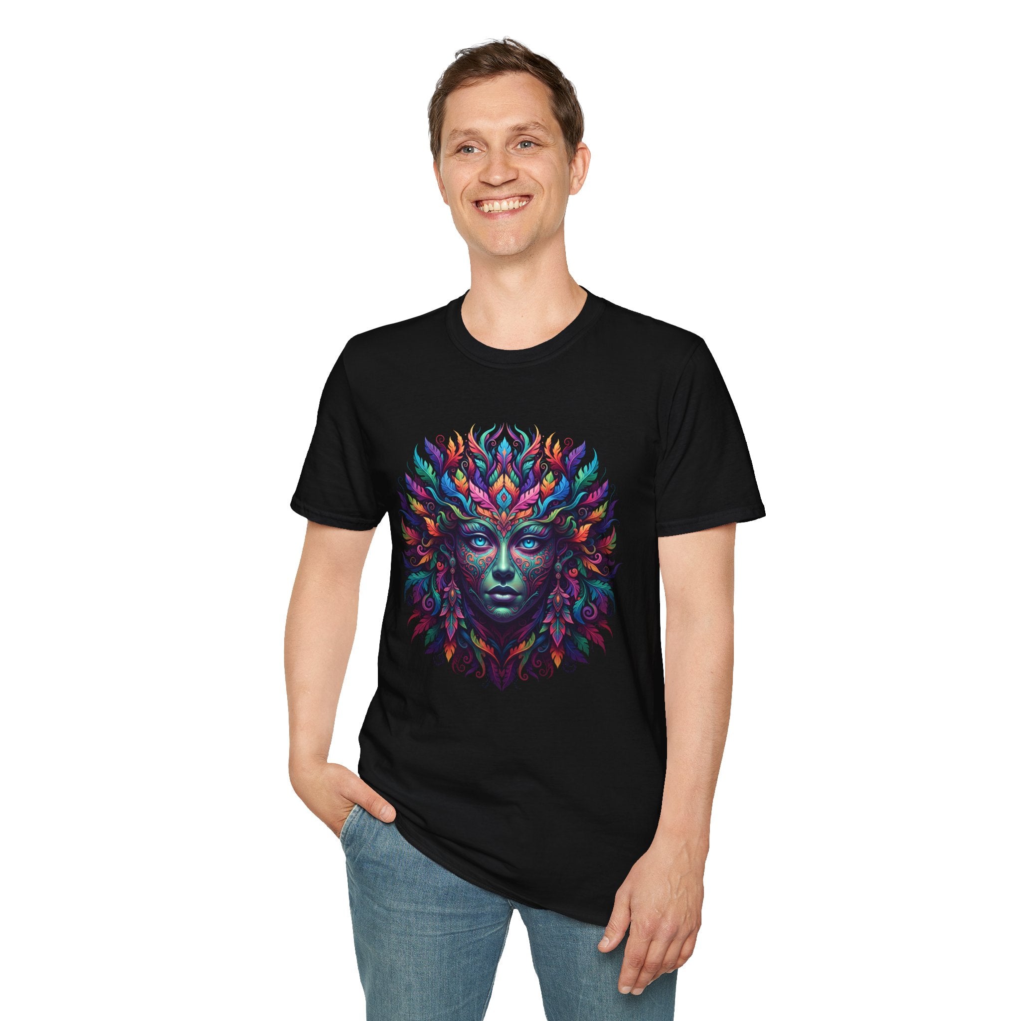 Mystic Forest Goddess T-Shirt — Colorful Psychedelic Leaf Face Tee