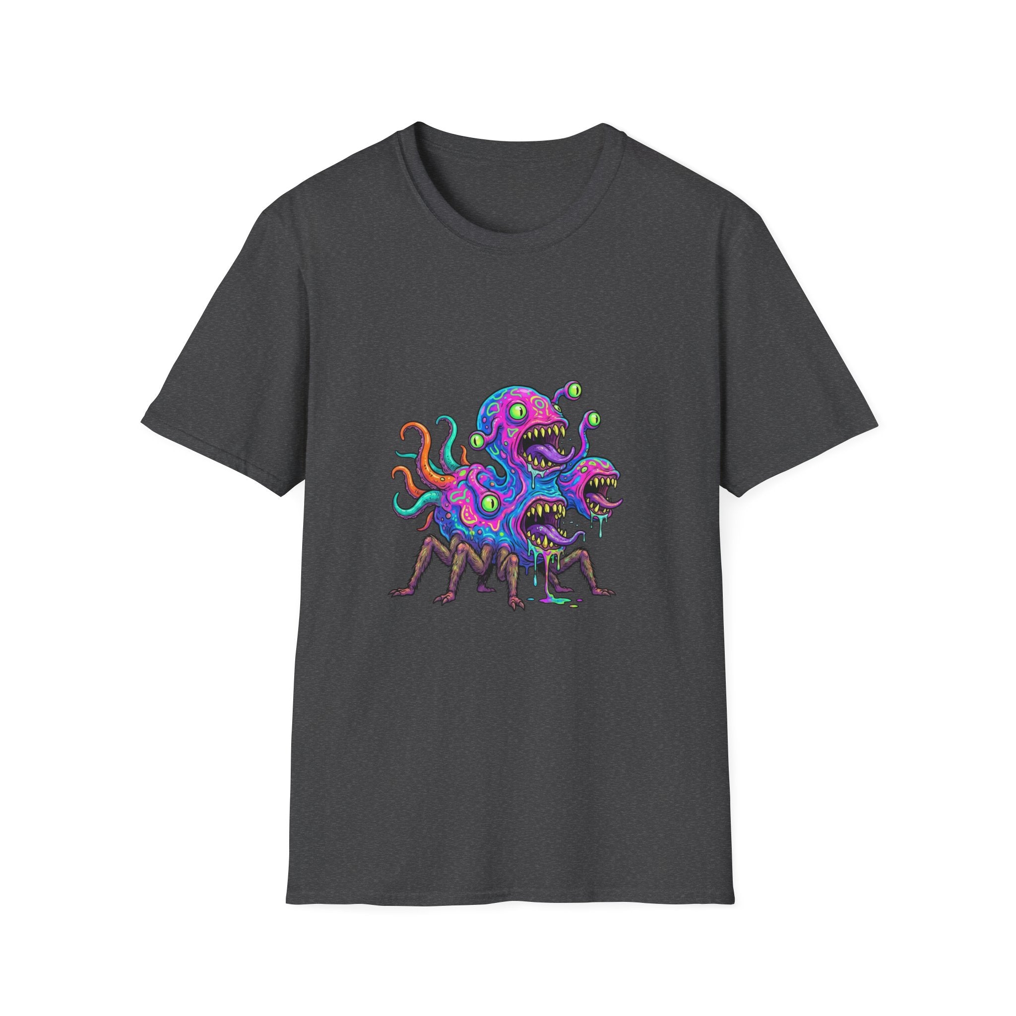 Monster Crew T-Shirt — Neon Three-Headed Alien Graphic Tee
