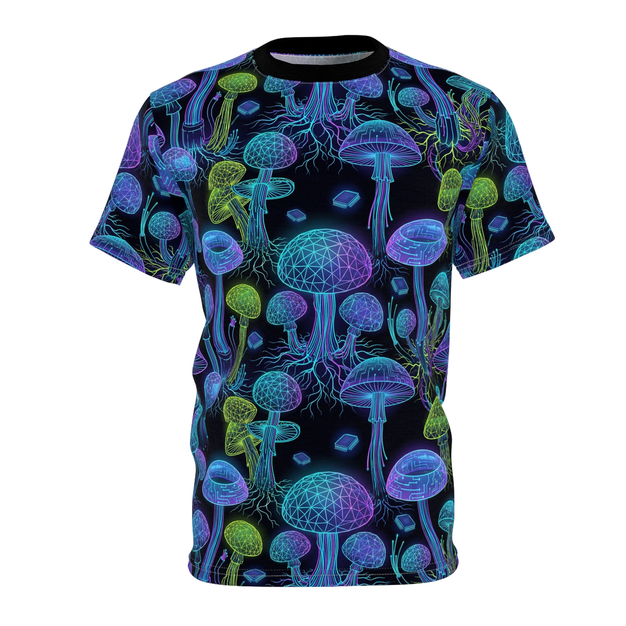 Mushroom Glow Tee — Neon Psychedelic All-Over Print T-Shirt
