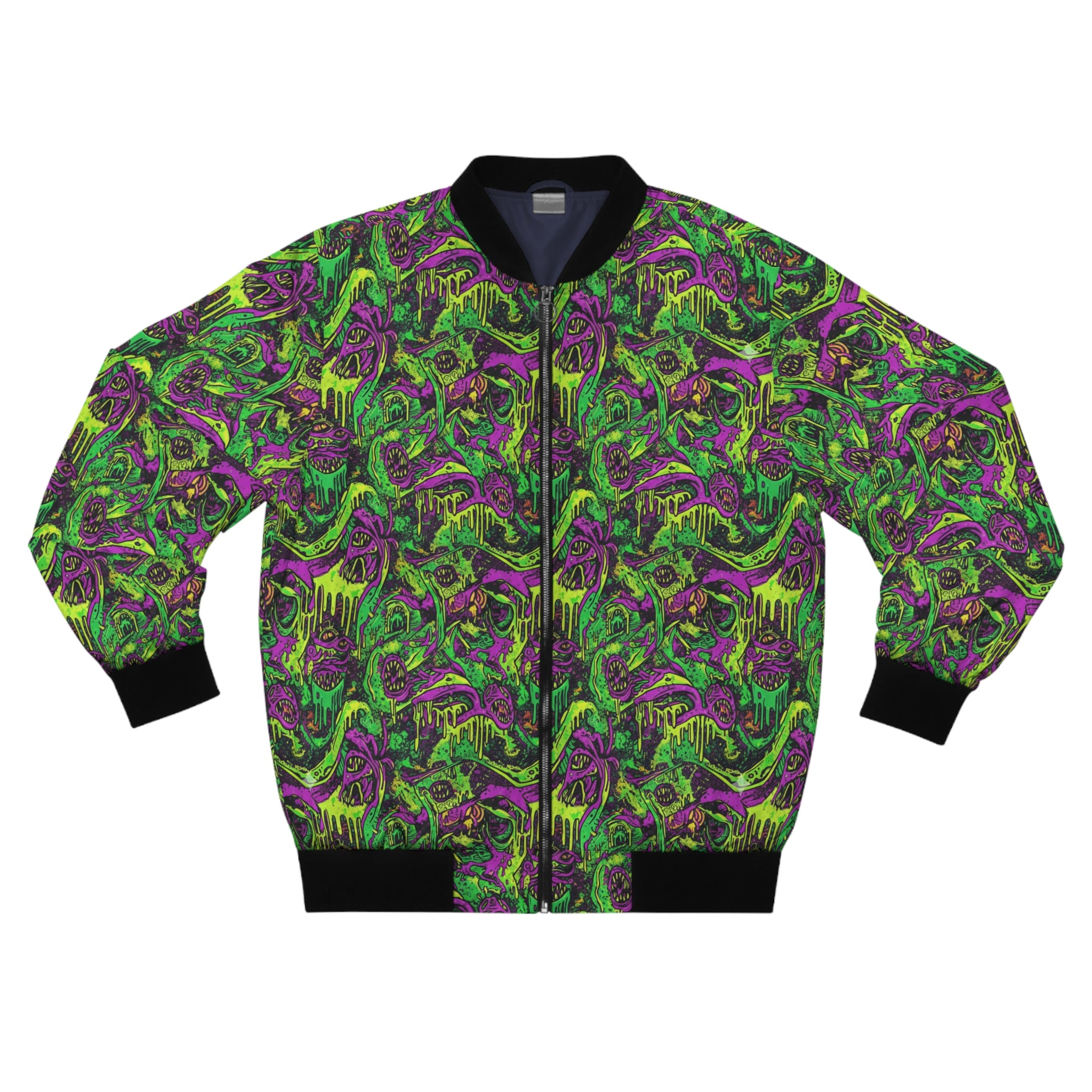 Monster Skull Bomber Drippy Jacket — Neon Green & Purple All-Over Print