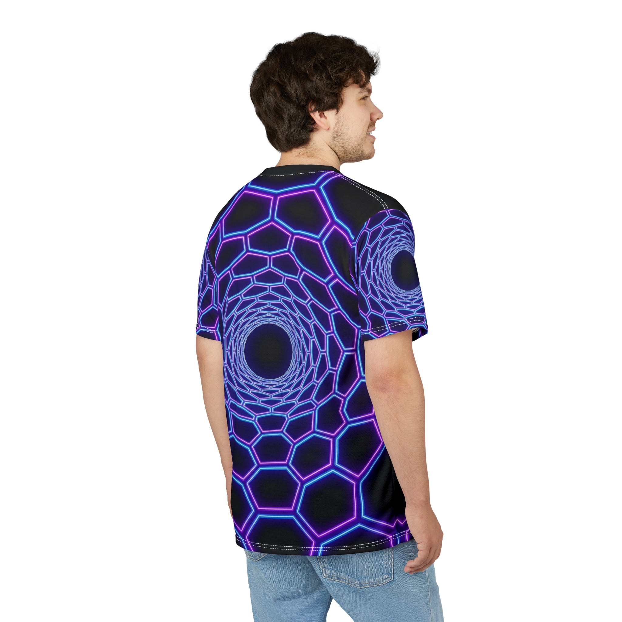 Neon Hex Tunnel Tee — Psychedelic Vortex All-Over Print T-Shirt