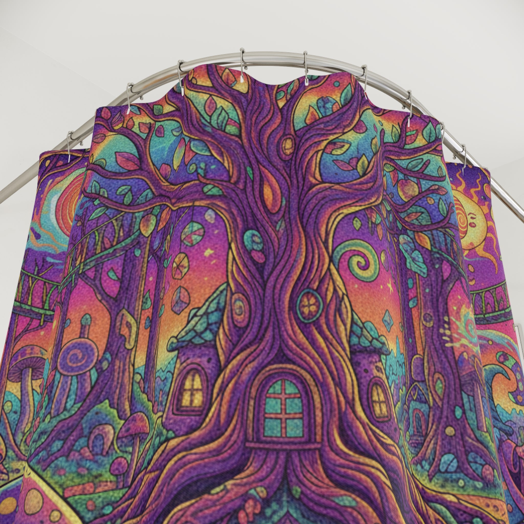 Trippy Forest Shower Curtain, Magical Bathroom Decor, Colorful Tree Design, Boho Style, Cozy Home Accessories