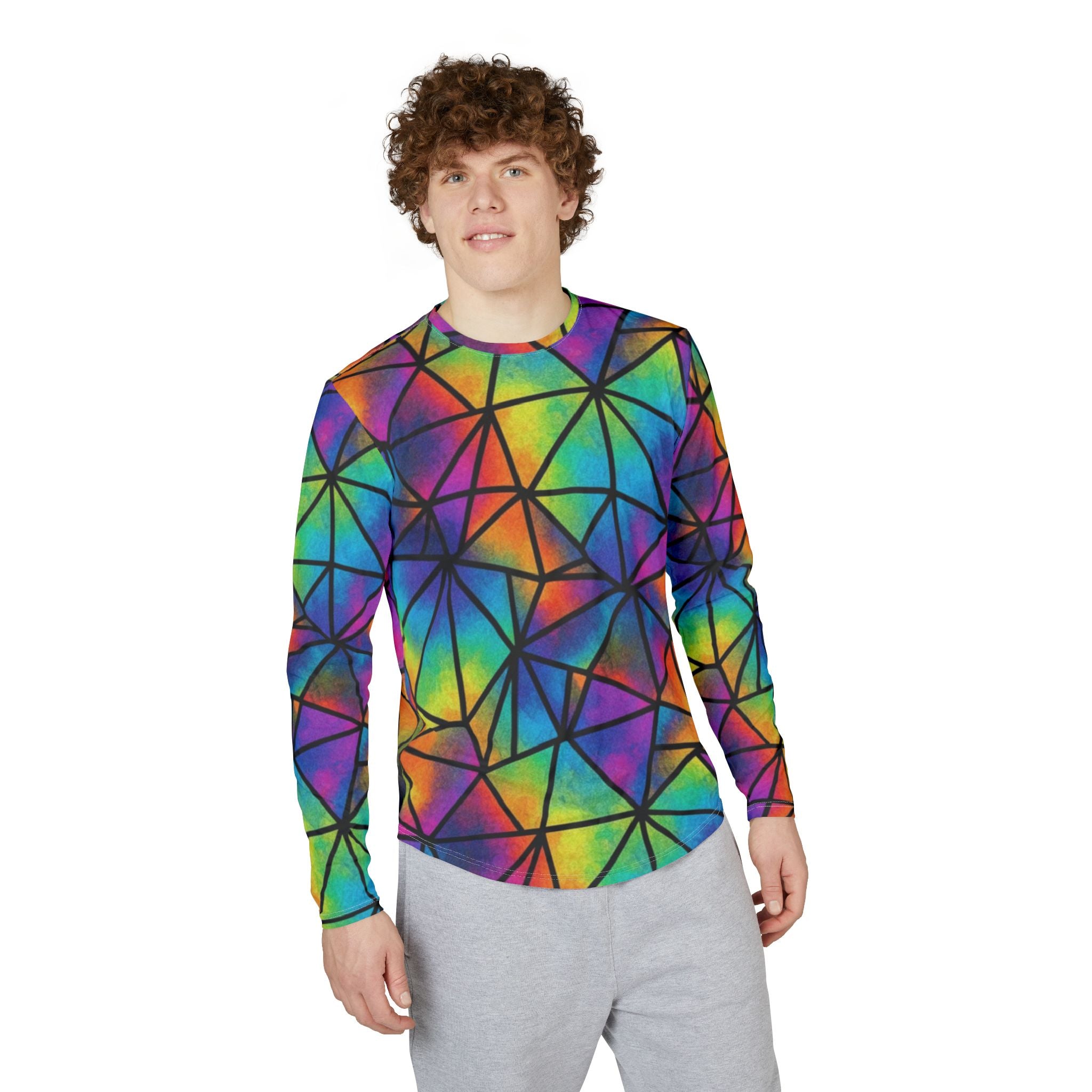 Men's Rainbow Geometric Long Sleeve UV Shirt — Vibrant Prism All-Over Print