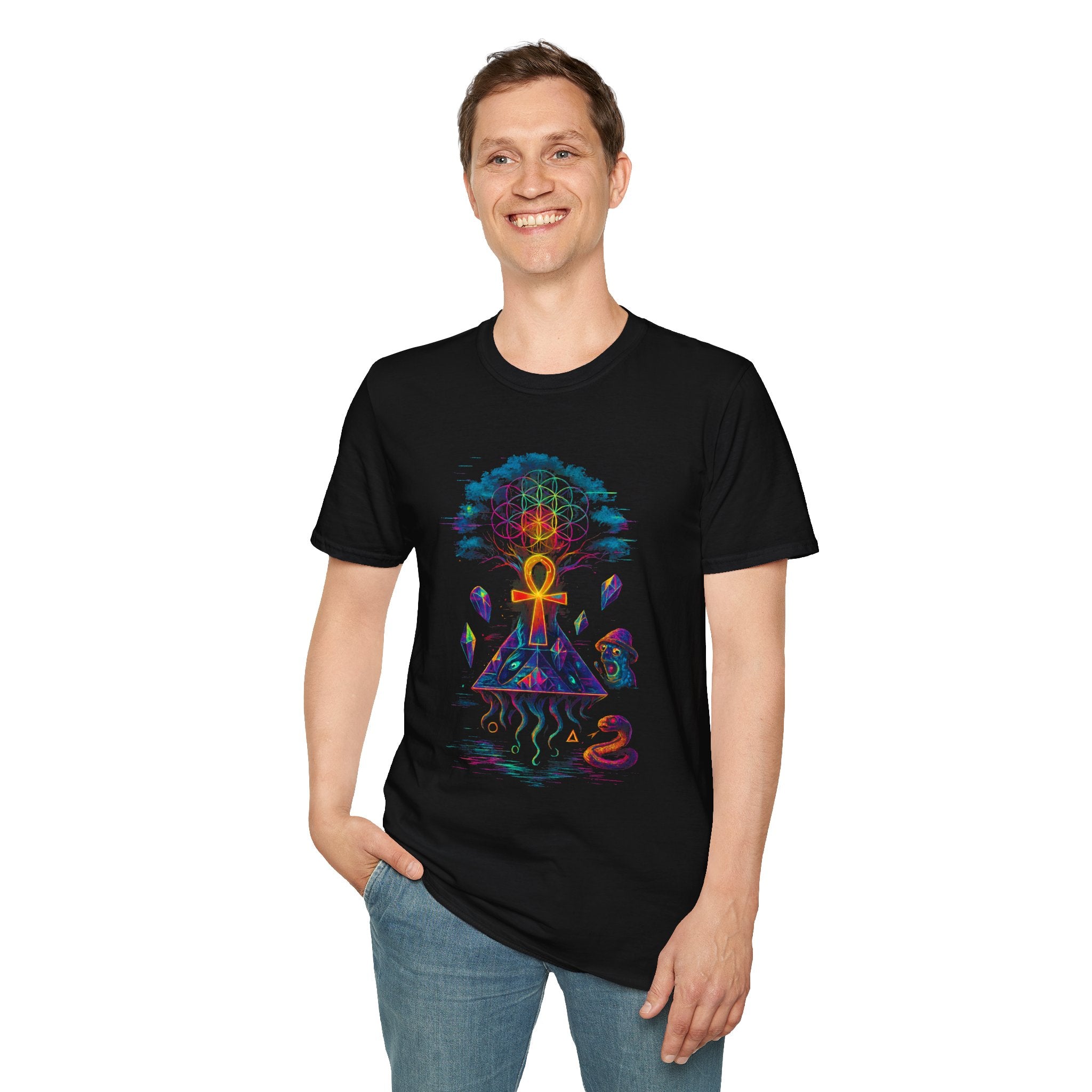 Mystical Geometry T-Shirt | Unisex Softstyle Tee for Spiritual Seekers | Psychedelic Art, Boho Style, Gift for Festivals