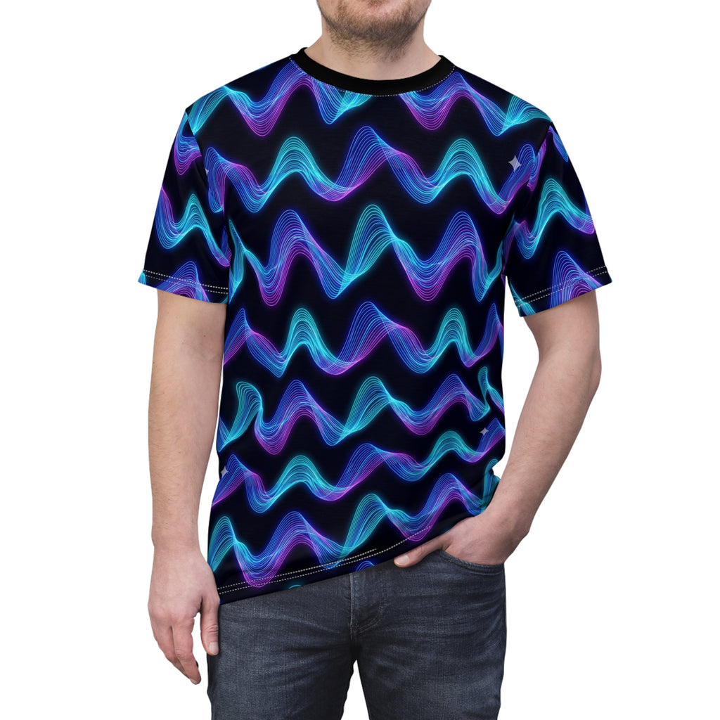 Neon Wave Graphic Tee — Blue & Purple All-Over Print